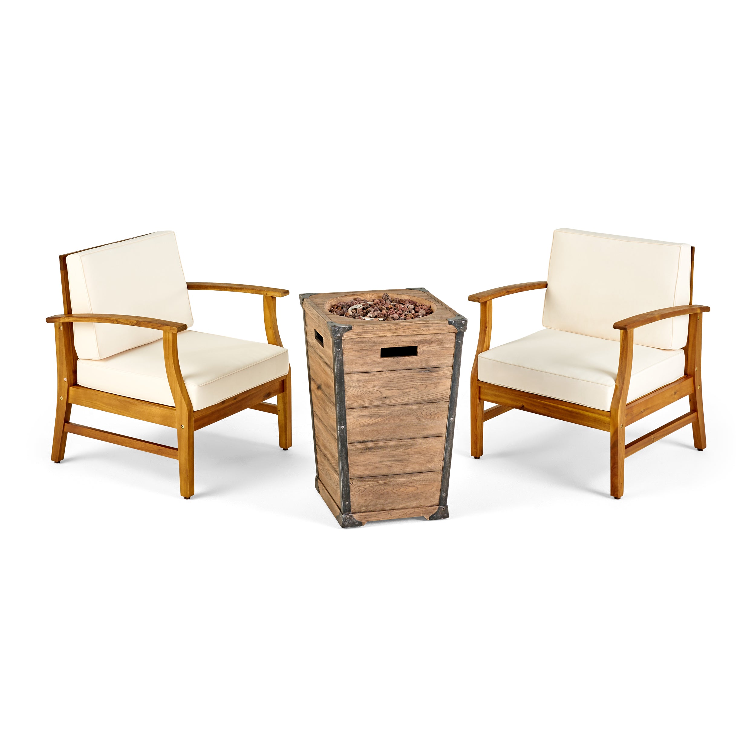 Capri Outdoor 2 Piece Acacia Wood Club Chair Set with Cushions and Fire Column