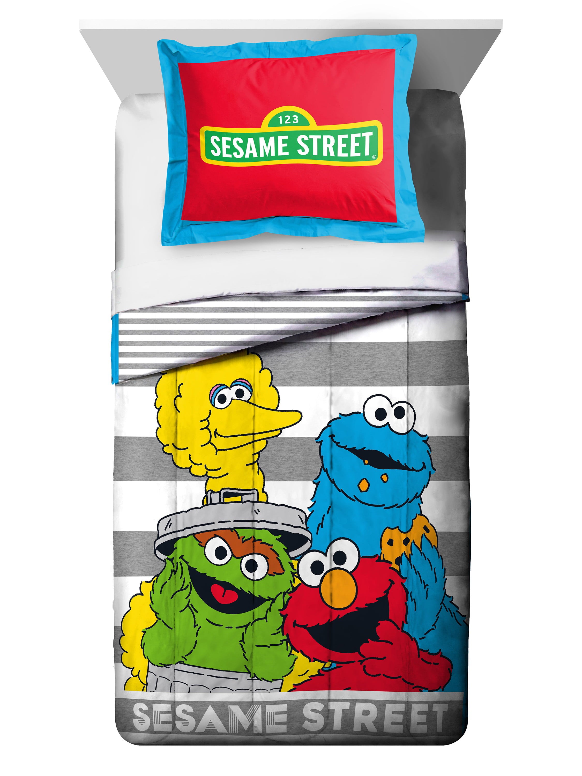 Sesame Street Stripes Kids 2-Piece Twin/Full Reversible Comforter and Sham Bedding Set， 100% Polyester， White