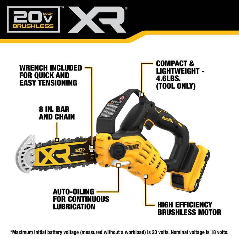 DEWALT 8 in. 20-Volt Lithium-Ion Pruning Electric Battery Chainsaw Kit with 3Ah Battery and Charger DCCS623L1