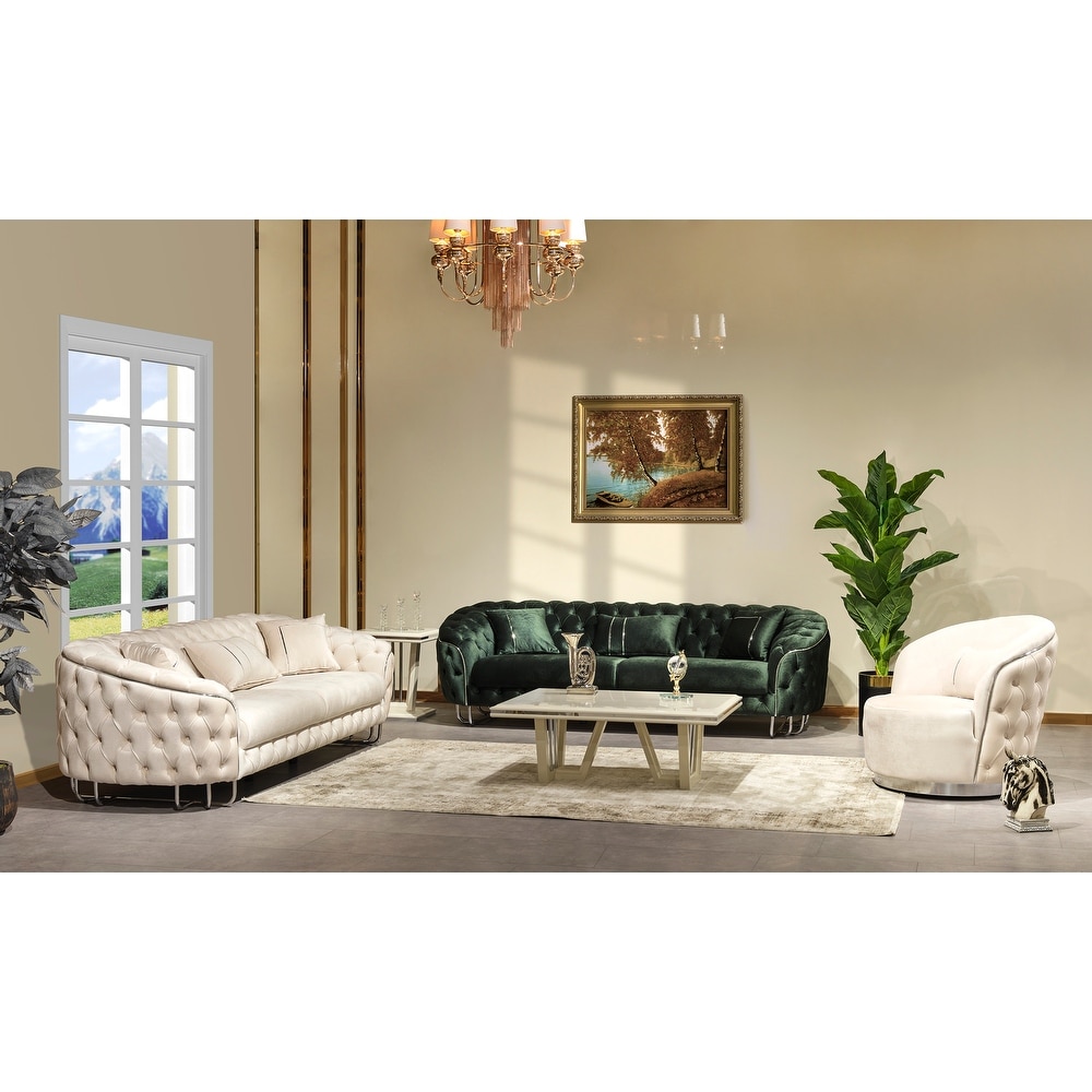 Kuz 3 piece Living Room Set  Green Sofa  Cream Sofa and Cream Chair