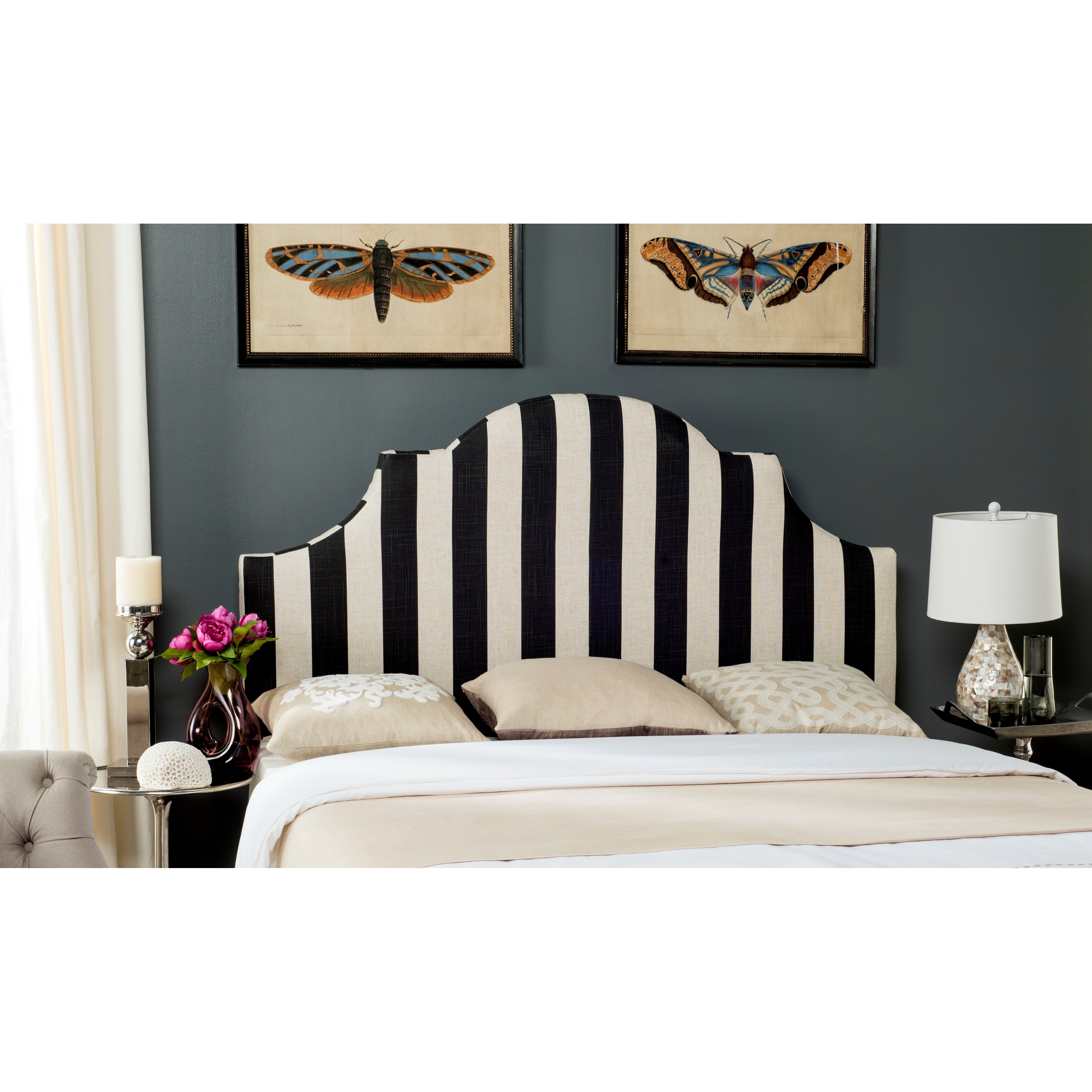 SAFAVIEH Hallmar Black/ White Stripe Upholstered Arched Headboard (Queen) - - 11098727