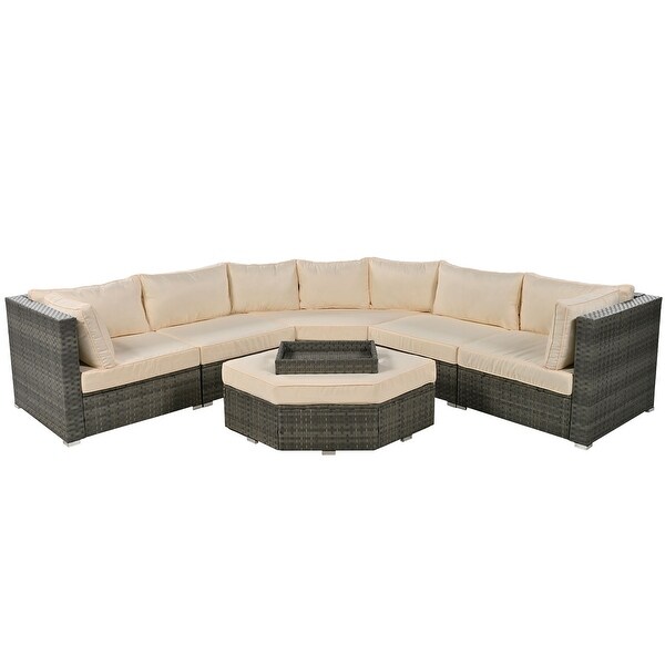 Roomfitters 6 Piece Outdoor Conversation Set，AllWeather Wicker Sectional Sofa with Ottoman，Cushions，Small Trays，Gray