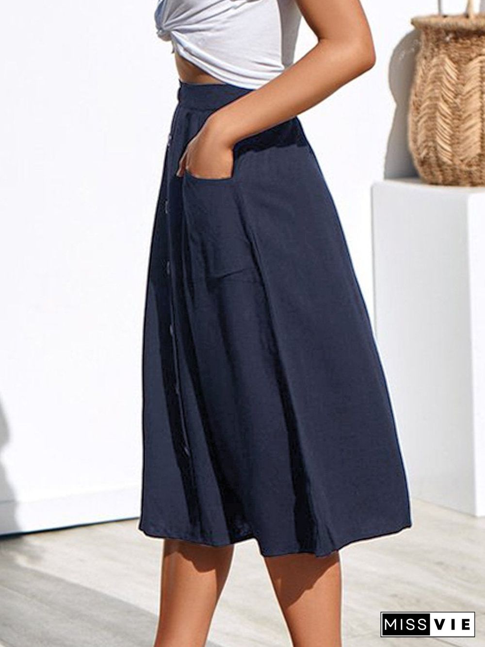 A-Lined Buttons Knee Length Midi Skirt With Pockets