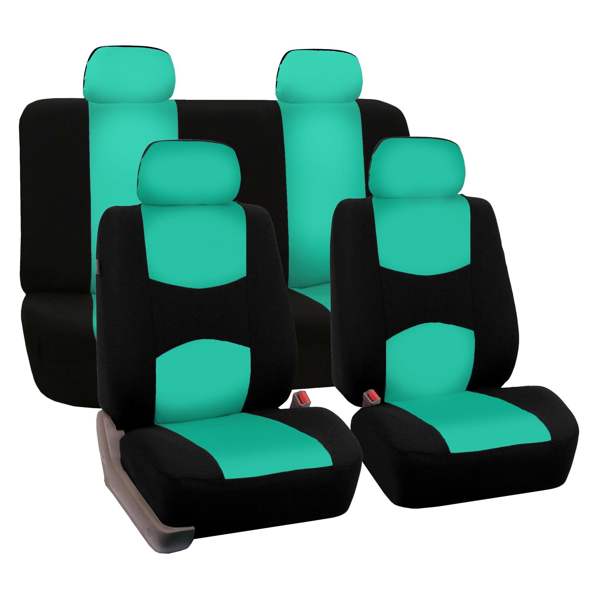 FH Group Flat Cloth Seat Covers for Auto， Full Set with Leather Steering Wheel Cover， Mint Black