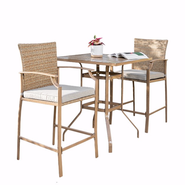 Barton 3 piece Oakview Terrace Wood Grain Steel Frame Bar Height Patio Set With Cushions Set