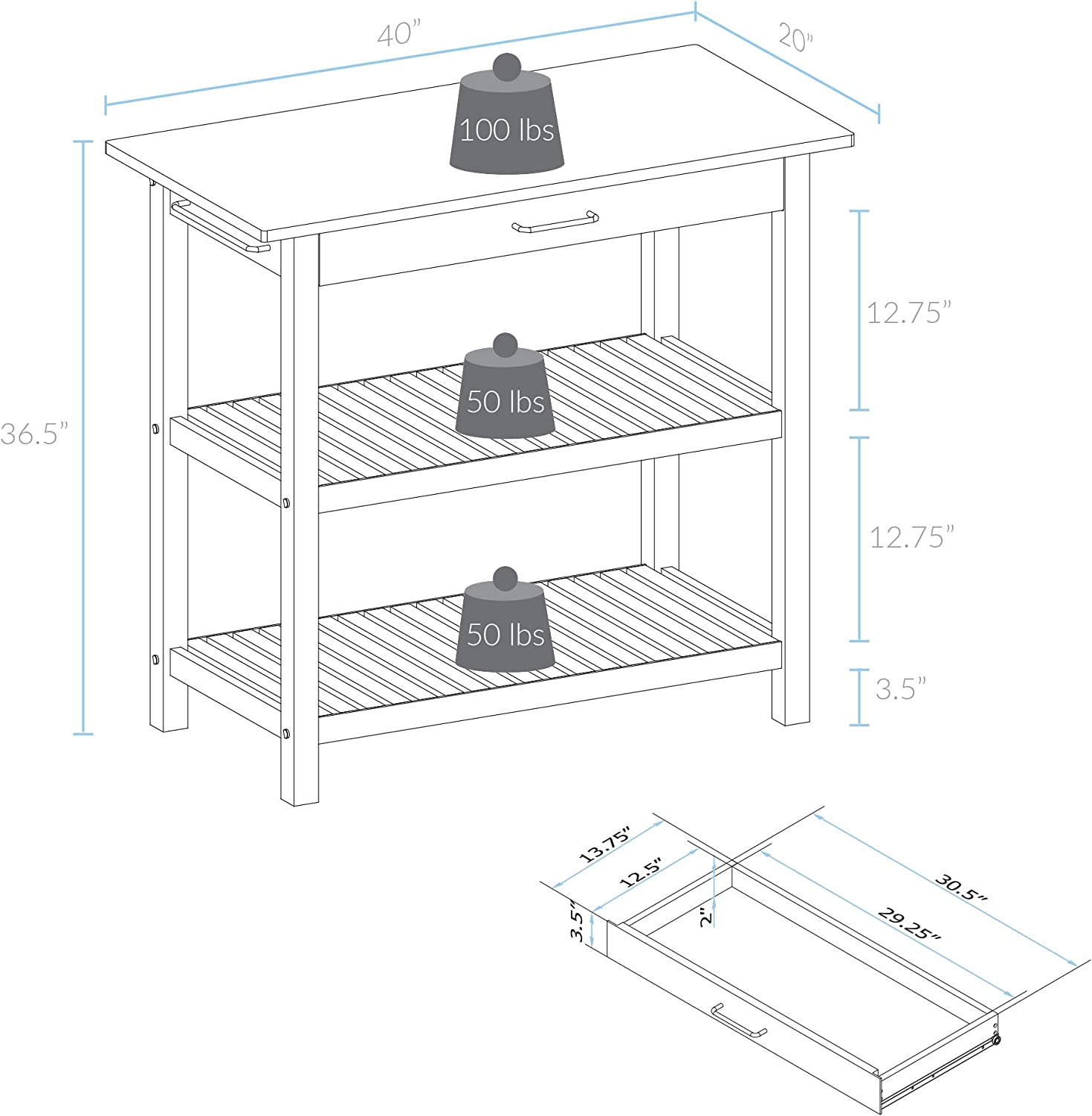 Casual Home White Wood Base with Wood Top Kitchen Island (20-in x 40-in x 36.5-in)