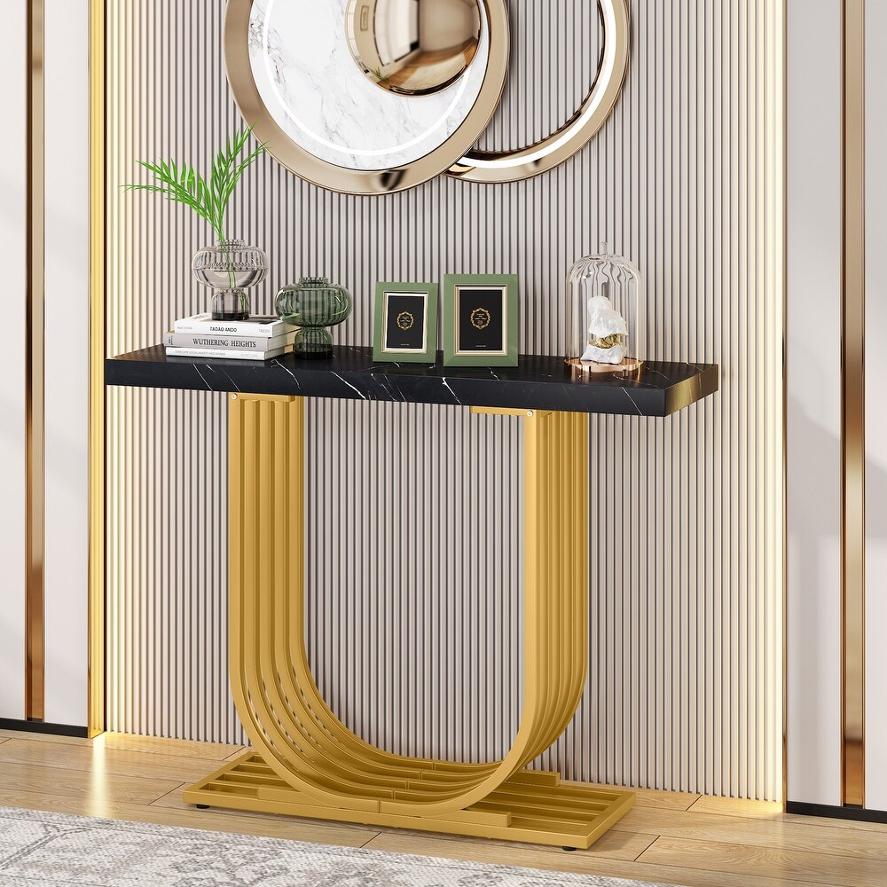 Modern Console Table  Faux Marble Entryway Foyer Table  Sofa Accent Table with Gold Metal Legs