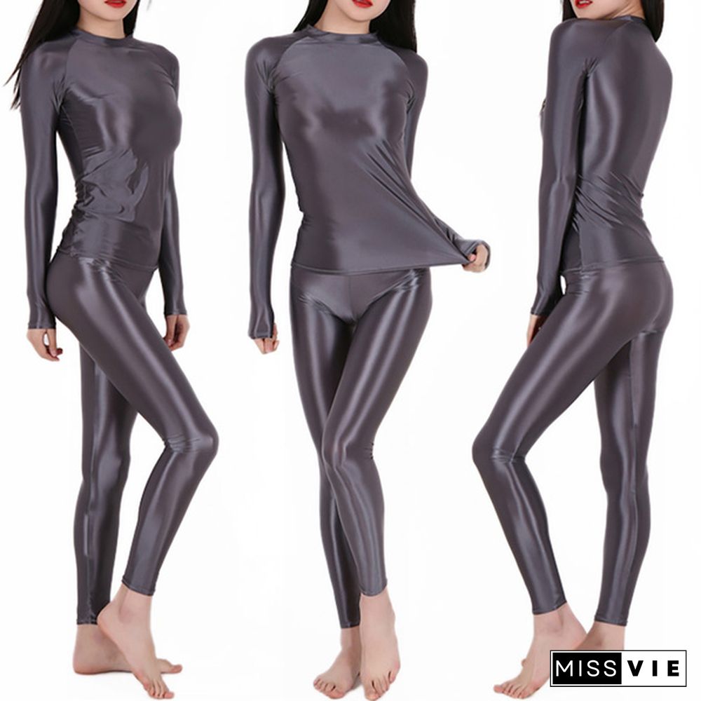 Ladies High Elastic Silky 2 Pieces Top + Pant Oil Shine Satin Yoga Suit Set Workout Clothes Plus Size