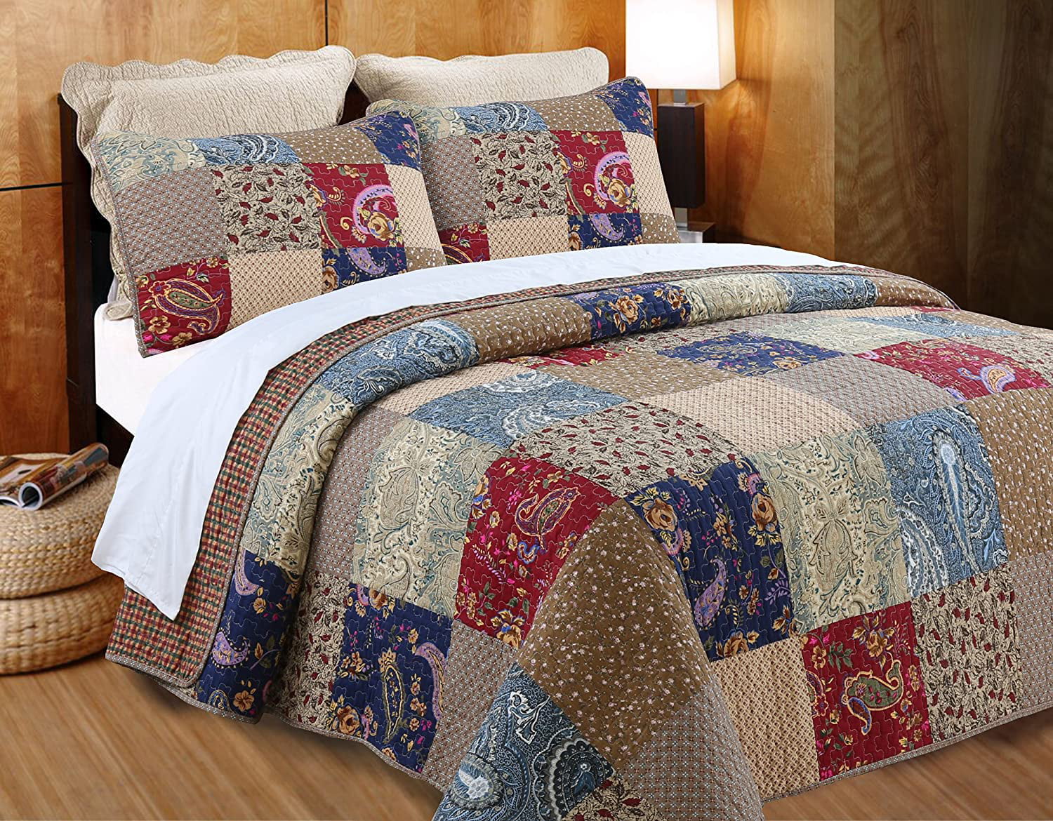 Cozy Line Hyler Navy Red Floral Paisley Real Patchwork 100% Cotton 3-Piece Reversible Quilt Set， Queen