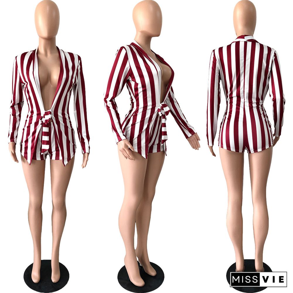 Striped Deep V-neck Long Sleeve Clubwear Romper