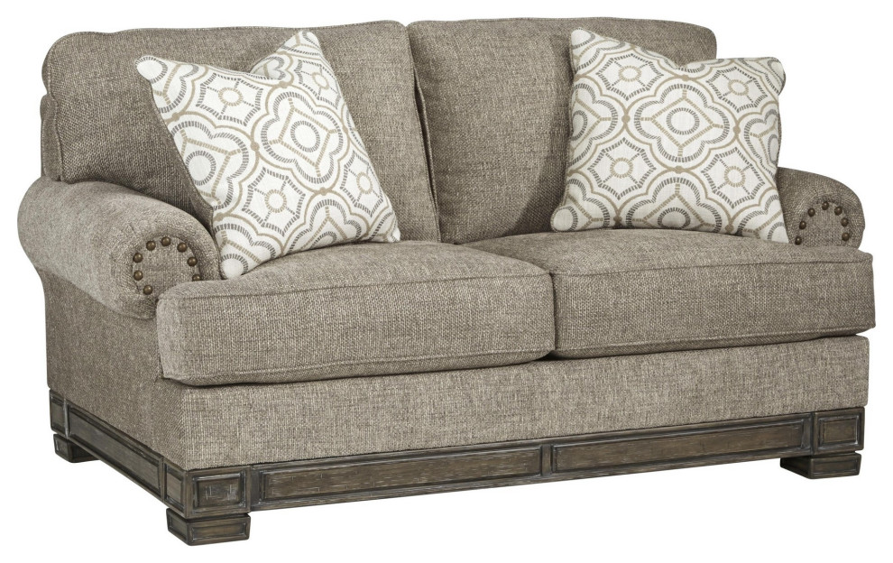 Nailhead Trim Fabric Upholstered Loveseat With Flared Rolled Arms  Gray   Traditional   Loveseats   by VirVentures  Houzz