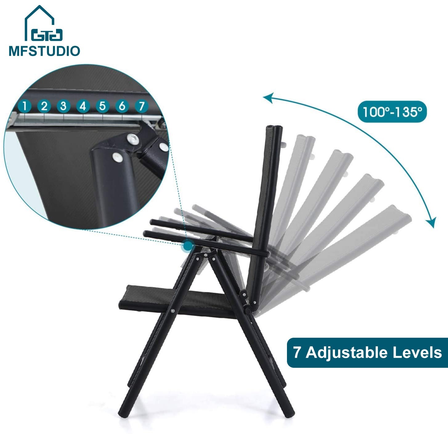 MF Studio Set of 2 Outdoor Patio Dining Chairs Aluminum Folding Recliner with 7 Backrest Angles&Textilene Seat, Black