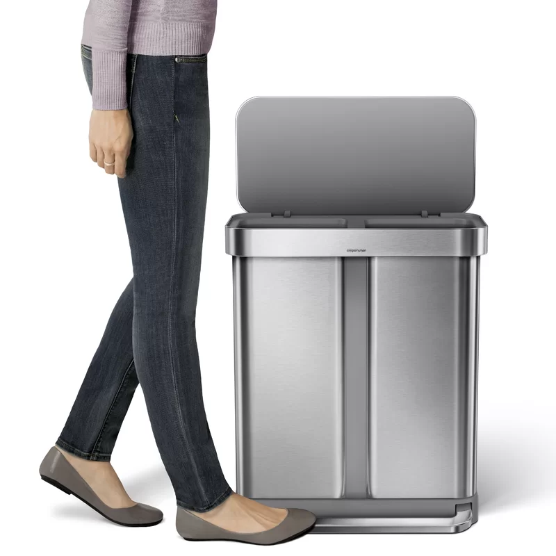 simplehuman 58 Liter / 15.3 Gallon Rectangular Hands-Free Dual Compartment Recycling Kitchen Step Trash Can with Soft-Close Lid， Brushed Stainless Steel