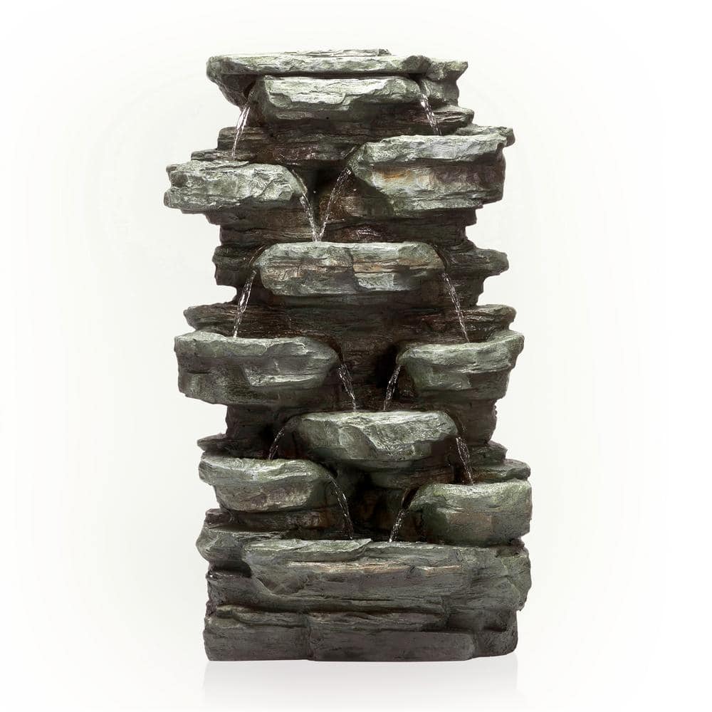 Alpine Corporation 39 in. Tall Outdoor Multi-Tier Rock Water Fountain with LED Lights WIN930