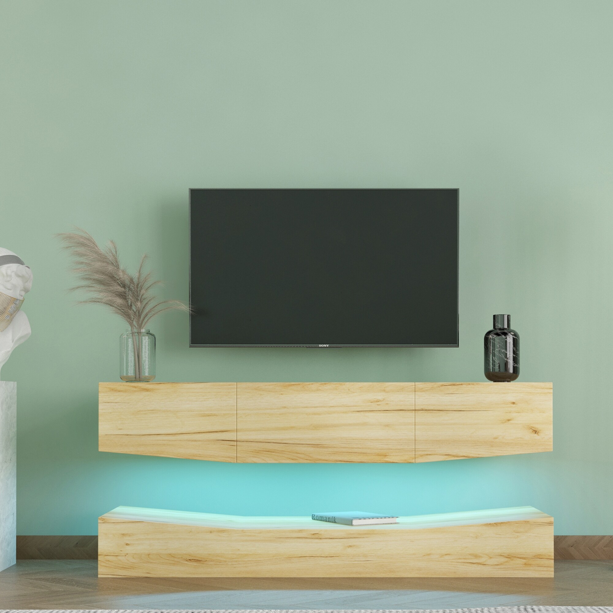 MDF UP And Down WALL-MOUNTED TV Cabinet With Three Drawers LED Lights，OAK