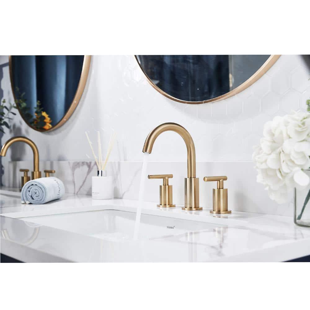 FORIOUS TwoHandle Bathroom Faucet 3Hole Widespread Bathroom Sink Faucet with Metal Drain and Supply Hose Gold