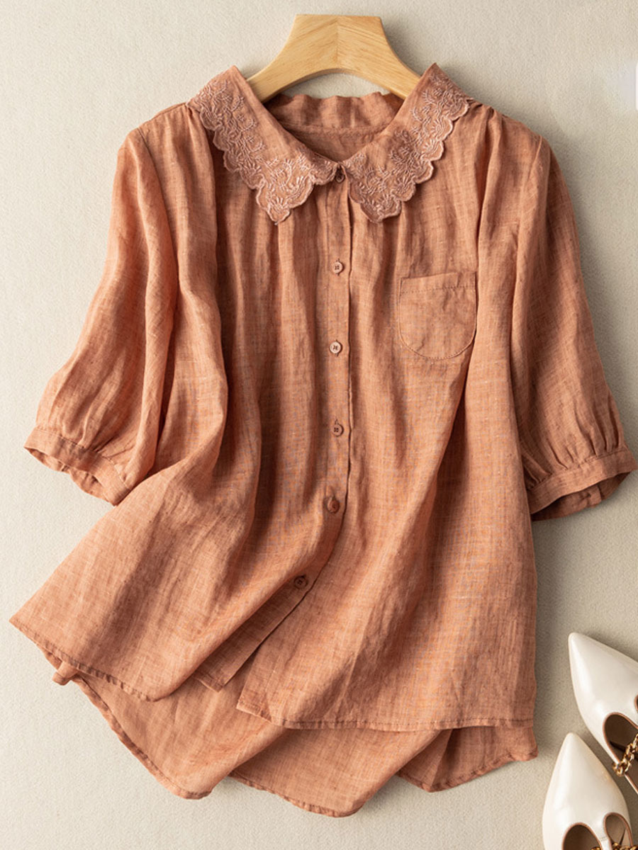 Casual Loose Embroidered Cardigan Mid Sleeve Blouse