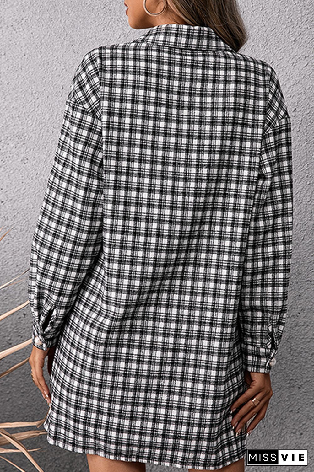 Fashion Casual Plaid Pocket Buckle Shirt Dress Dresses (Without Belt)