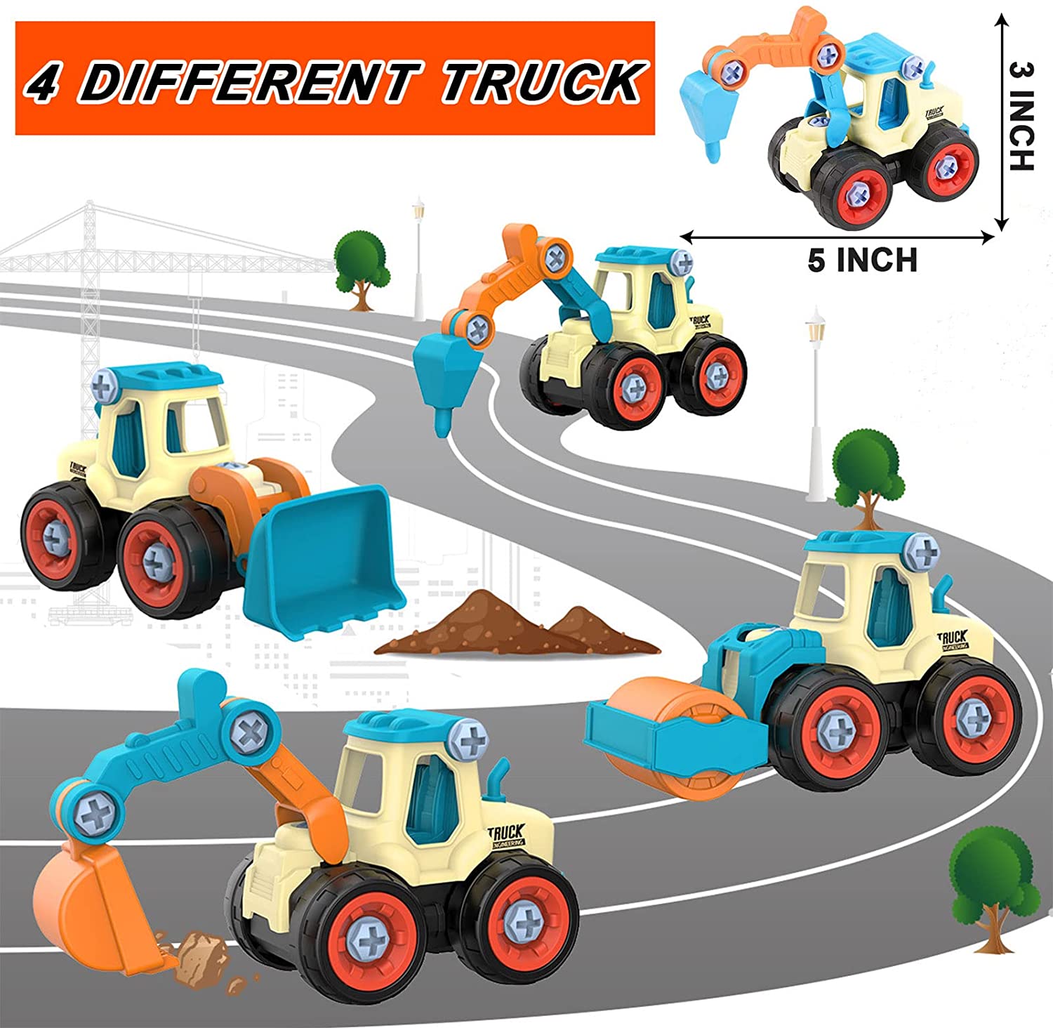 4 Pack Construction Truck Toys for Kids,Push Cars for Toddlers ,Take Apart the Outdoor Toy Car,Suitable Gifts for Boys Aged 1-5