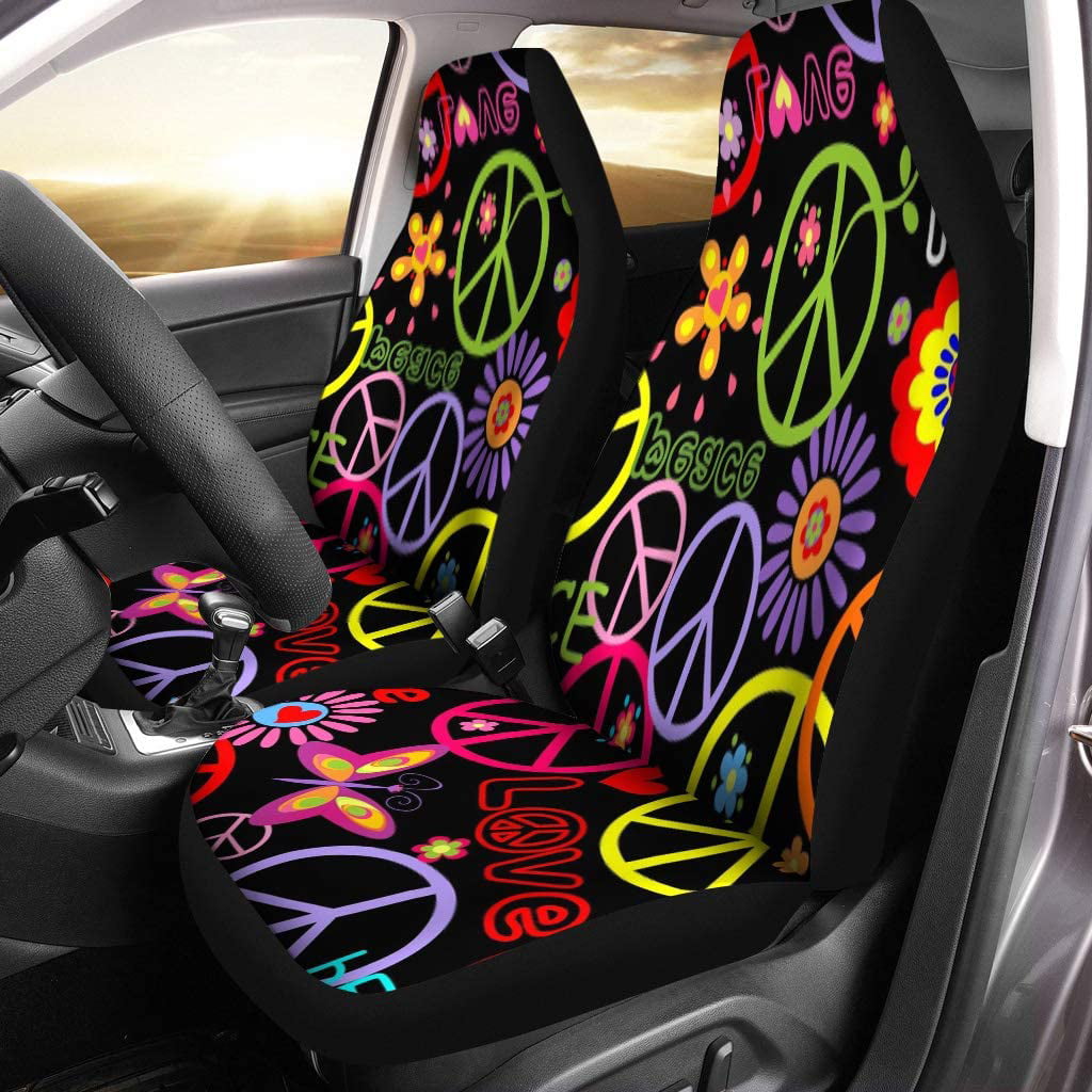 ZHANZZK Set of 2 Car Seat Covers Colorful Love Hippie Peace Symbol Mushrooms and Abstract Flowers Universal Auto Front Seats Protector Fits for Car，SUV Sedan，Truck