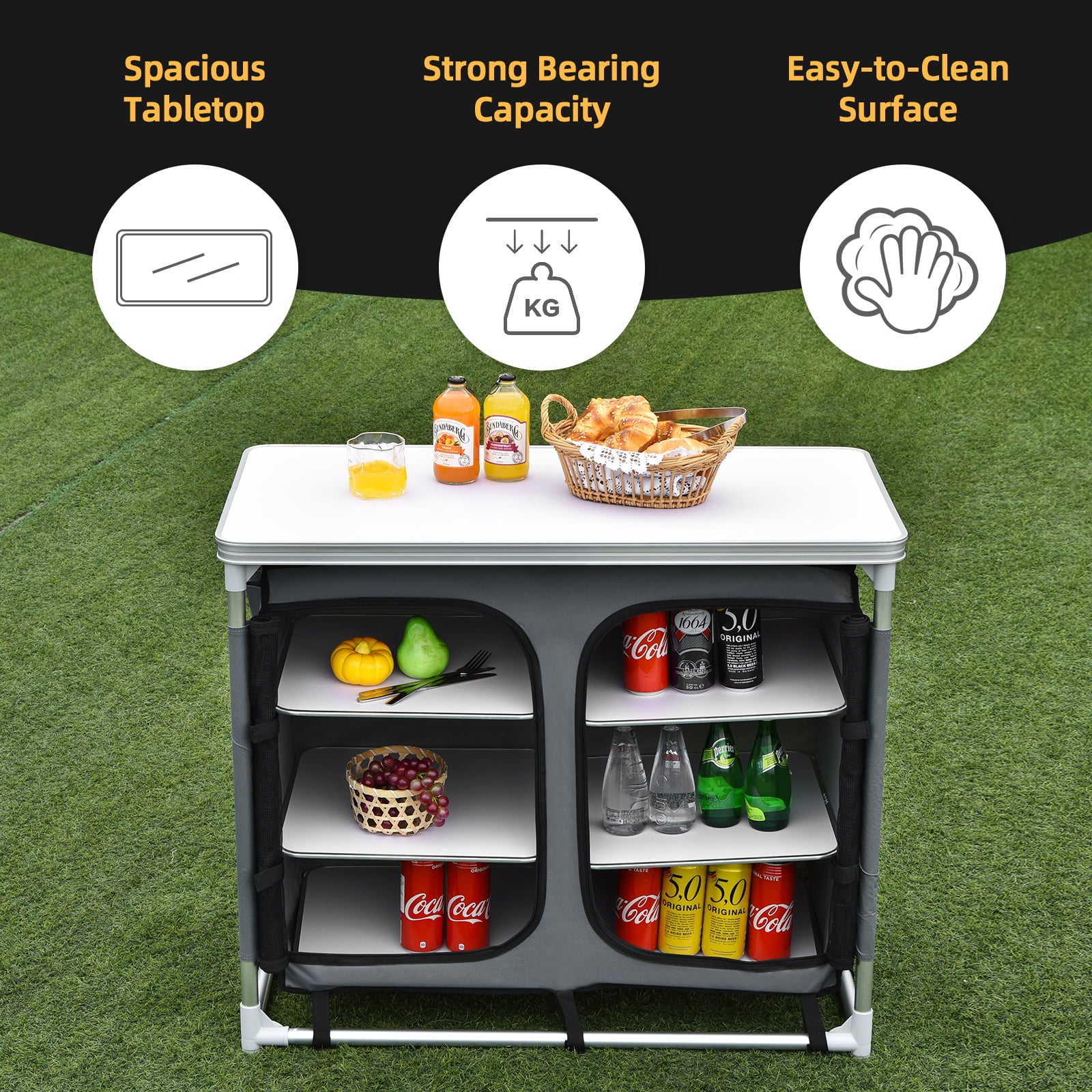 Topbuy Portable Outdoor Camping Table Aluminum Kitchen Station w/Storage Shelves and Carrying Bag for BBQ