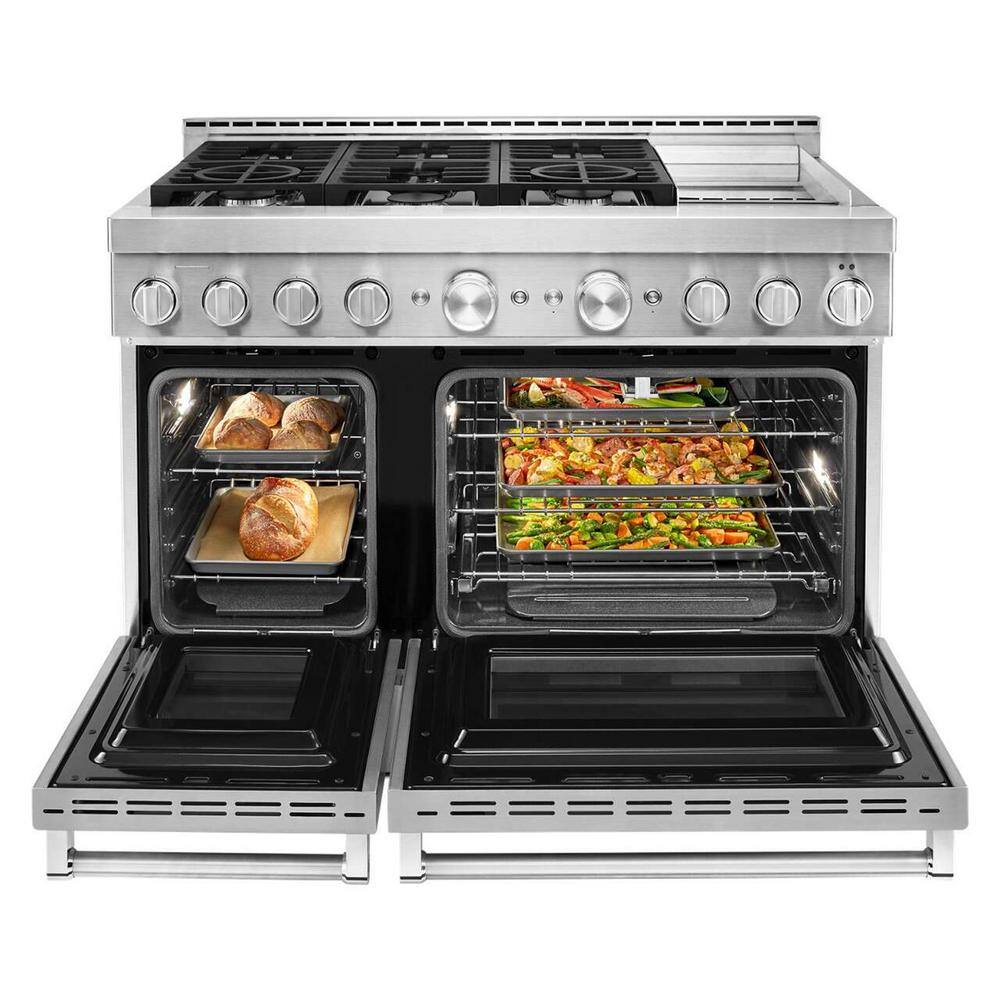 KitchenAid 48 in. 6.3 cu. ft. Smart Double Oven Commercial-Style Gas Range with Griddle and True Convection in Stainless Steel KFGC558JSS