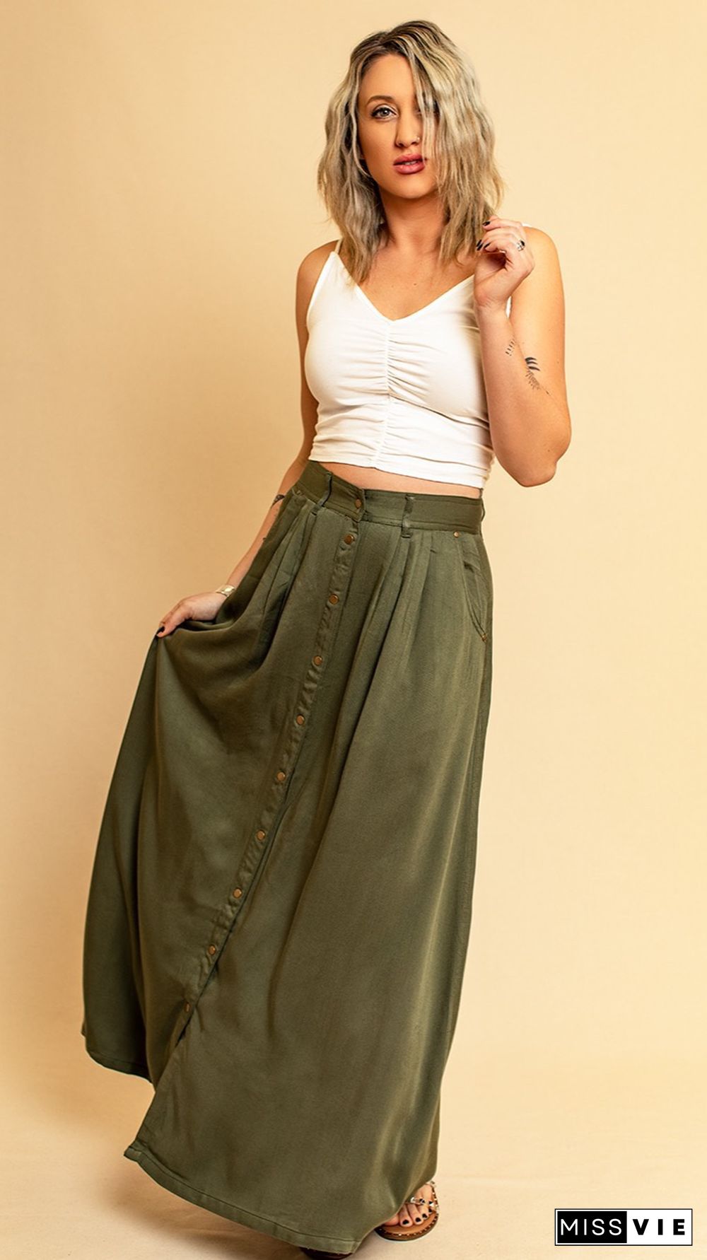 Plain Snap Button Long Length Suede Skirts