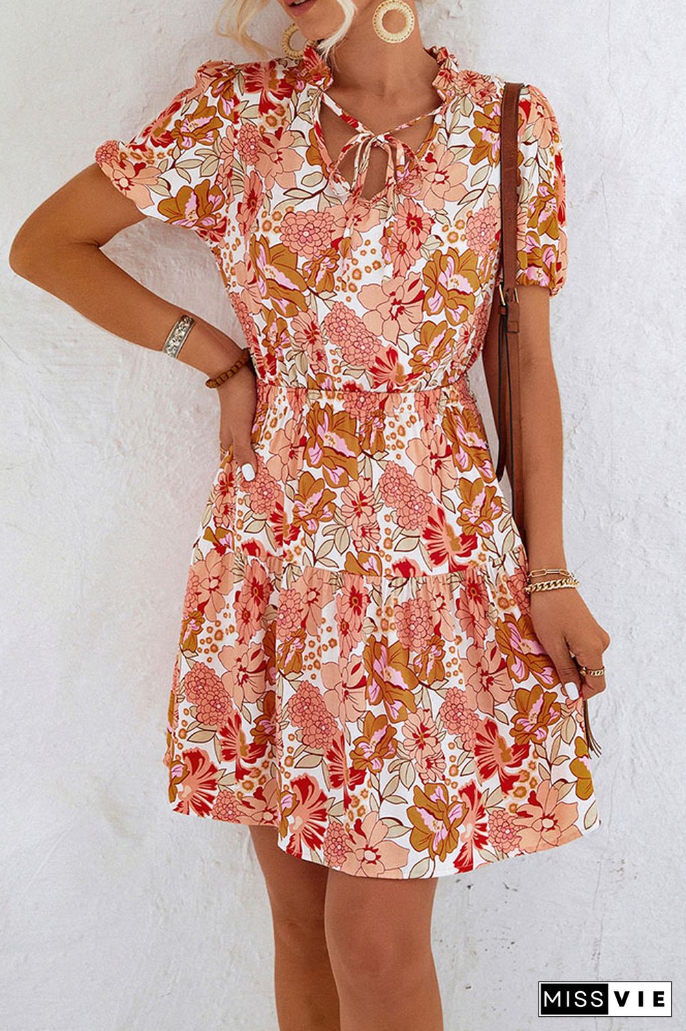 Frill Neck High Waist Floral Dress