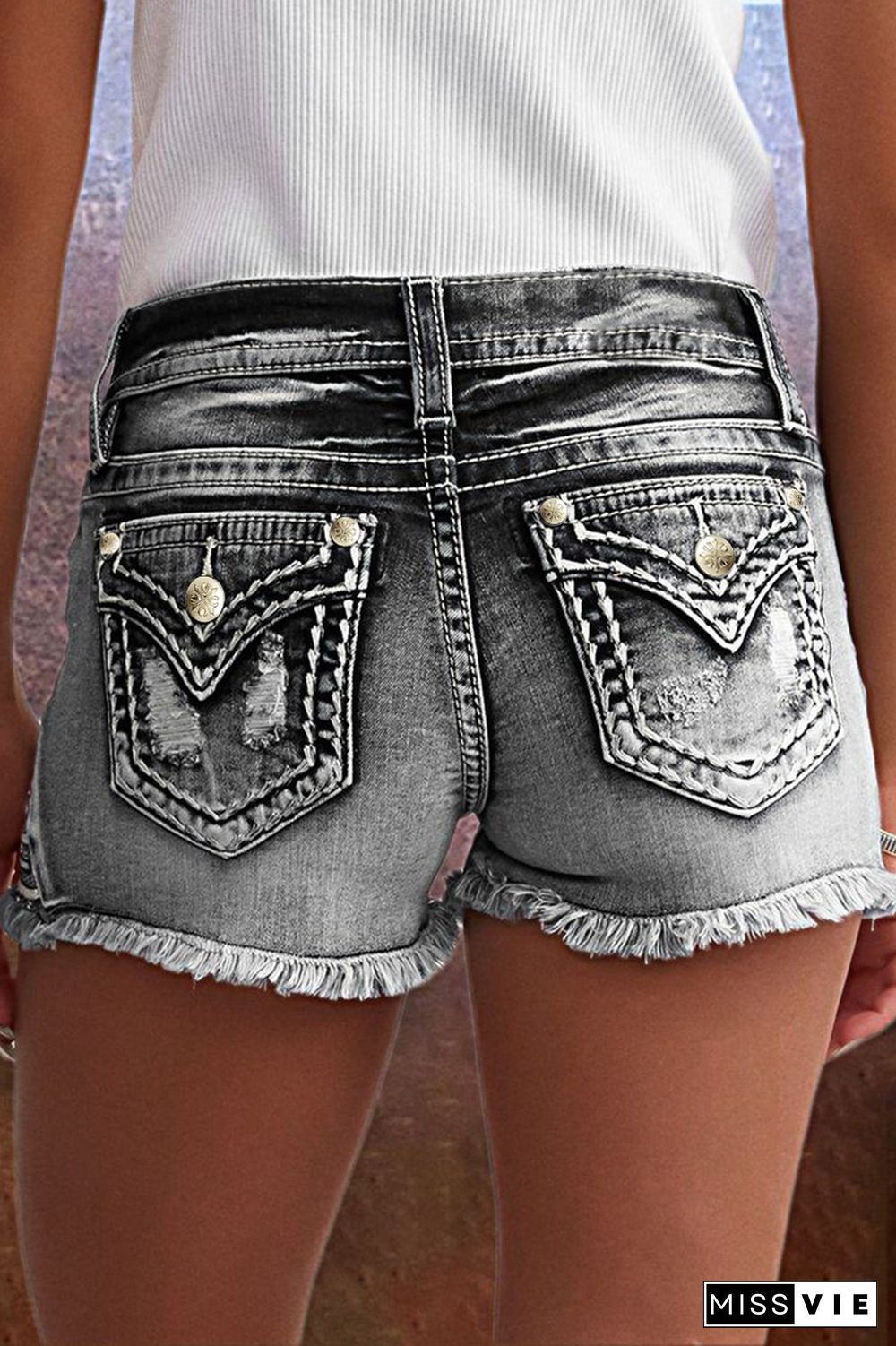 Star & Striped Embroidered Ripped Raw Hem Denim Shorts