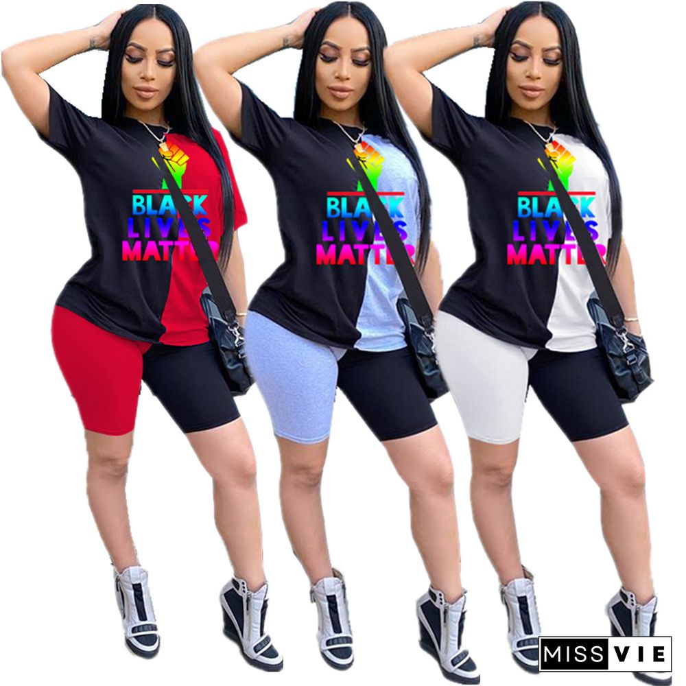 Catchphrase Print Contrast Color Patchwork Short Sleeve Shorts Two-piece Set