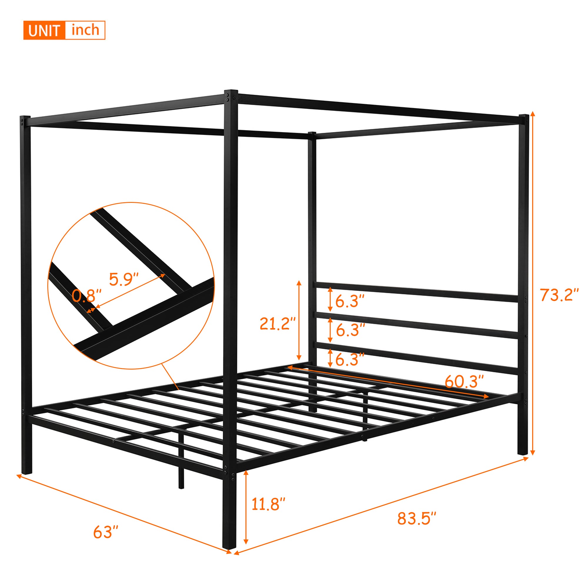 Queen Canopy Bed Black Metal, 4-Poster Bed Frame Upholstered Platform Bed Frame with Headboard for Girls Adults, Easy Assembly