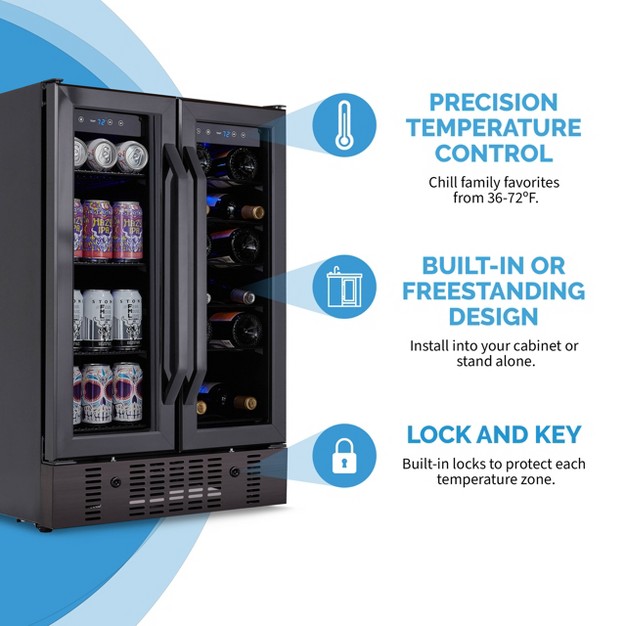 Wine And Beverage Refrigerator And Cooler 18 Bottle And 60 Can Capacity Built in Dual Zone Fridge In Black Stainless Steel