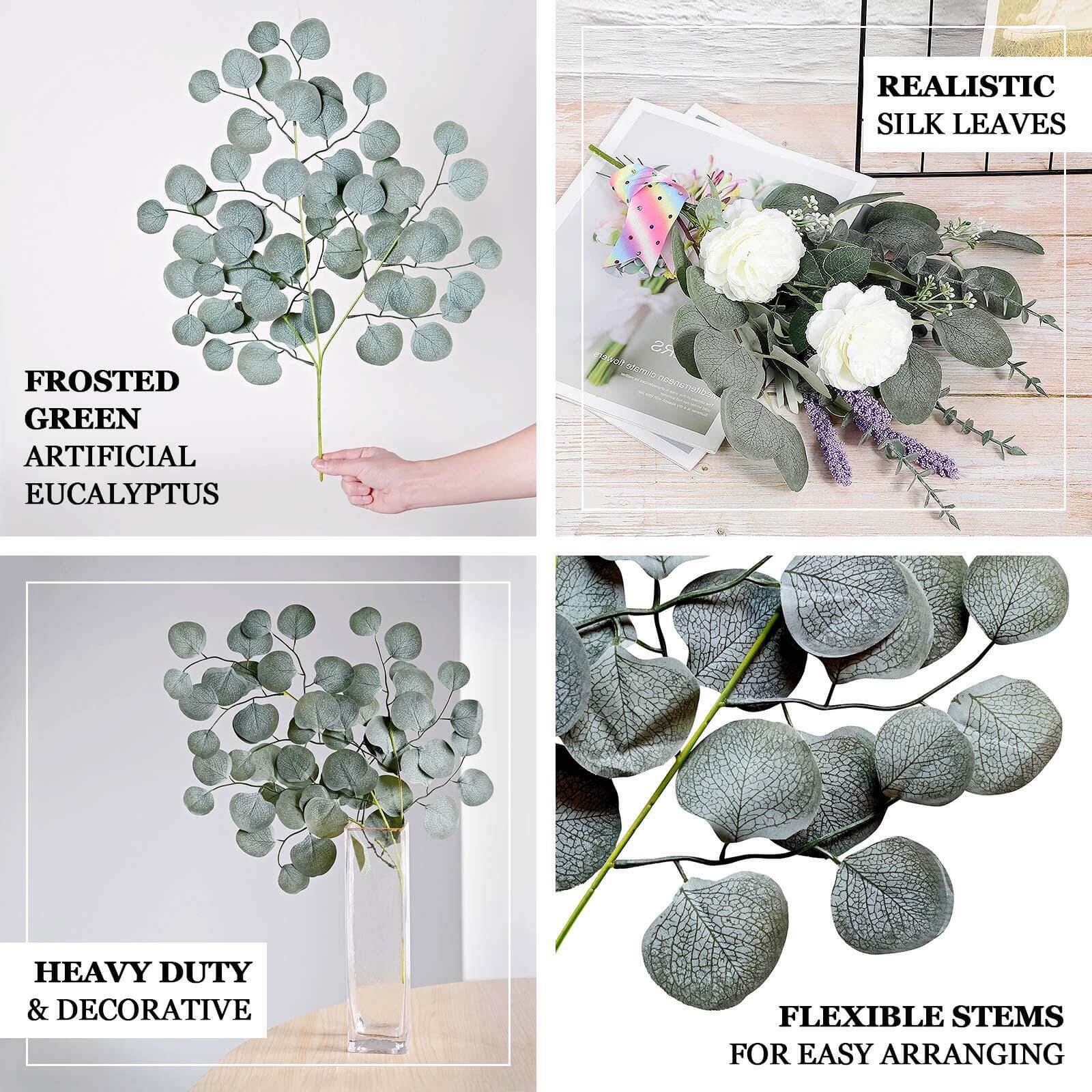 4 Pack Real Touch Frosted Green Artificial Silk Eucalyptus Leaf Stems 25