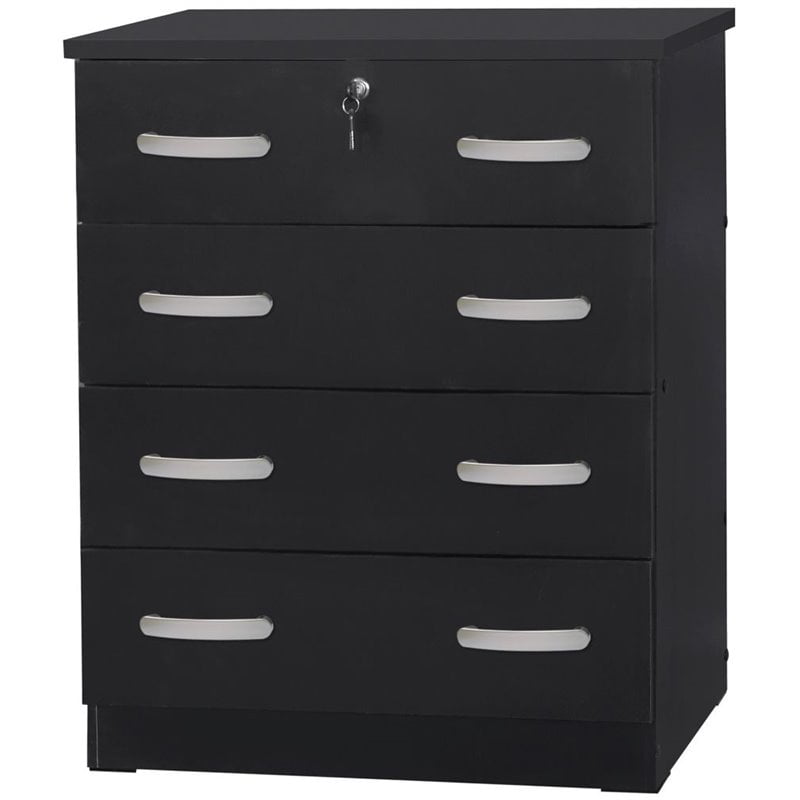 Pemberly Row Modern 4 Drawer Chest Wooden Dresser with Lock in Black