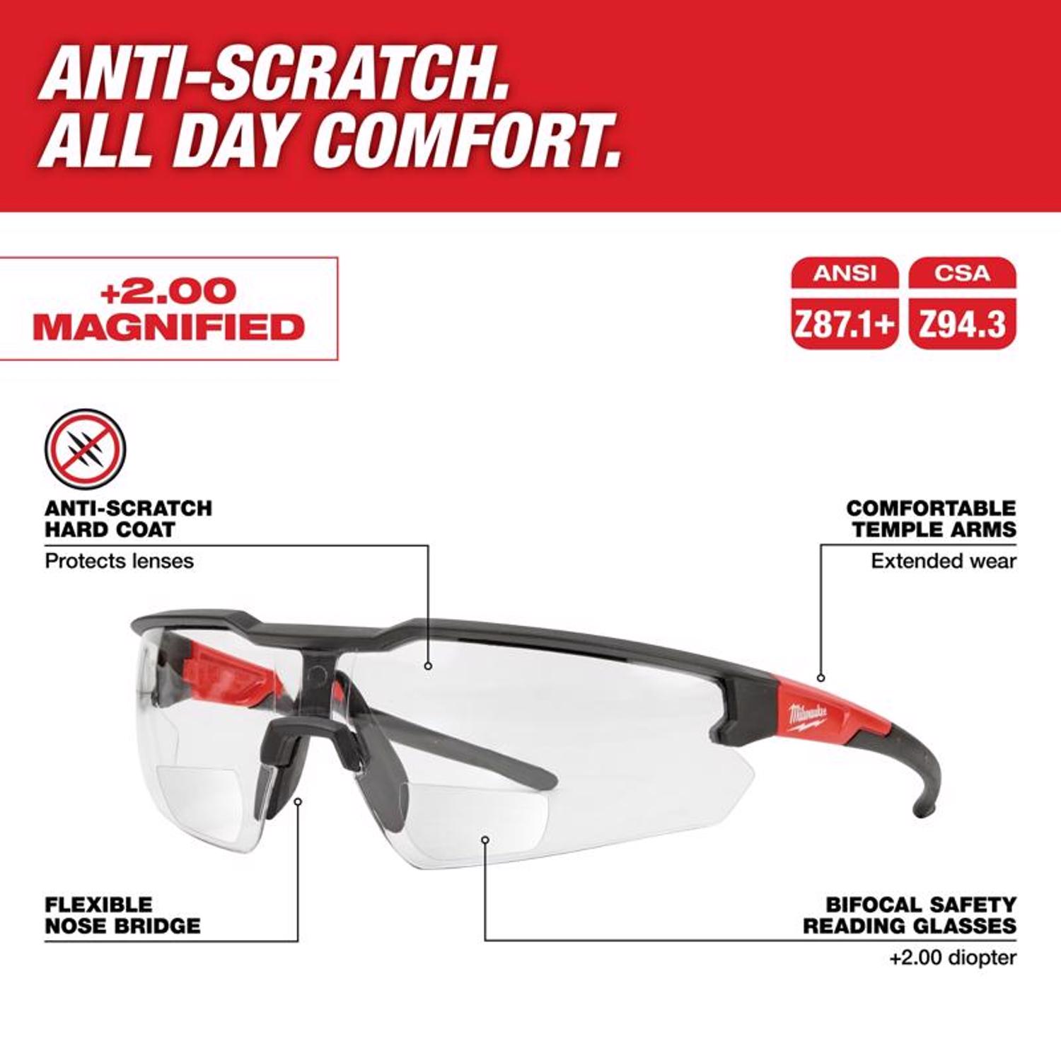 MW Anti-Scratch Magnified Safety Glasses Clear Lens Black/Red Frame