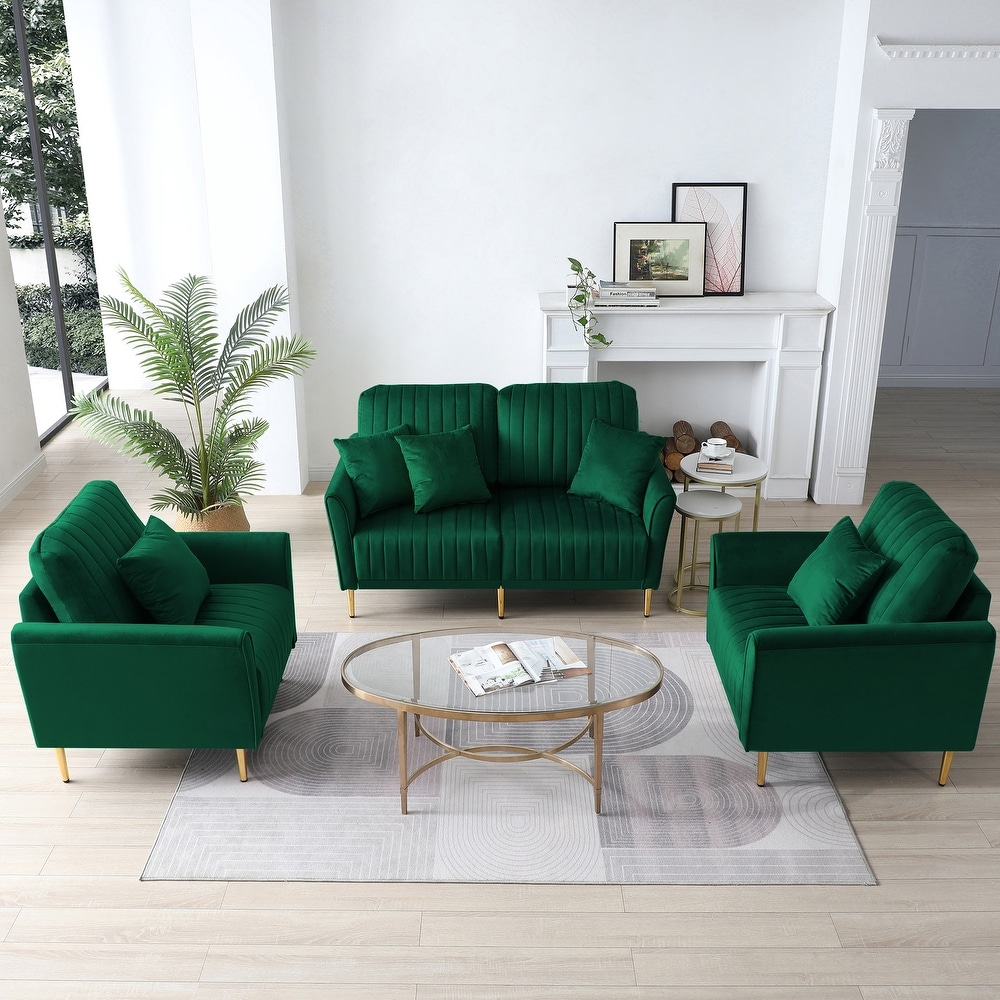 Green Luxurious Velvet Sofa Set with Removable Tufted Cushions (Loveseat + 2 Armchairs)