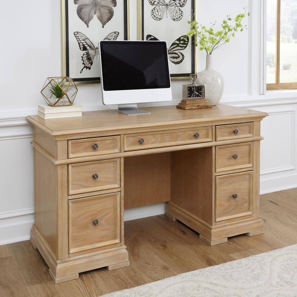 HOMESTYLES Manor House 56 in. Natural Wood 7-Drawer Pedestal Executive Desk 5504-18