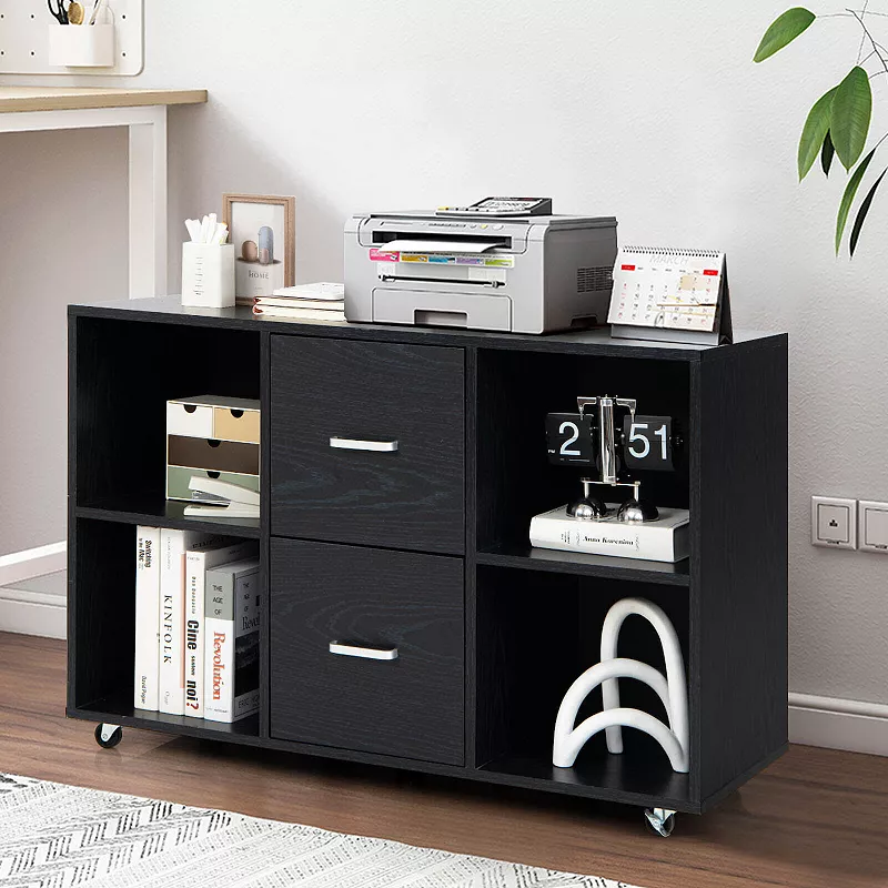 2 Drawer Wood Mobile File Cabinet with 4 Open Compartments-Black