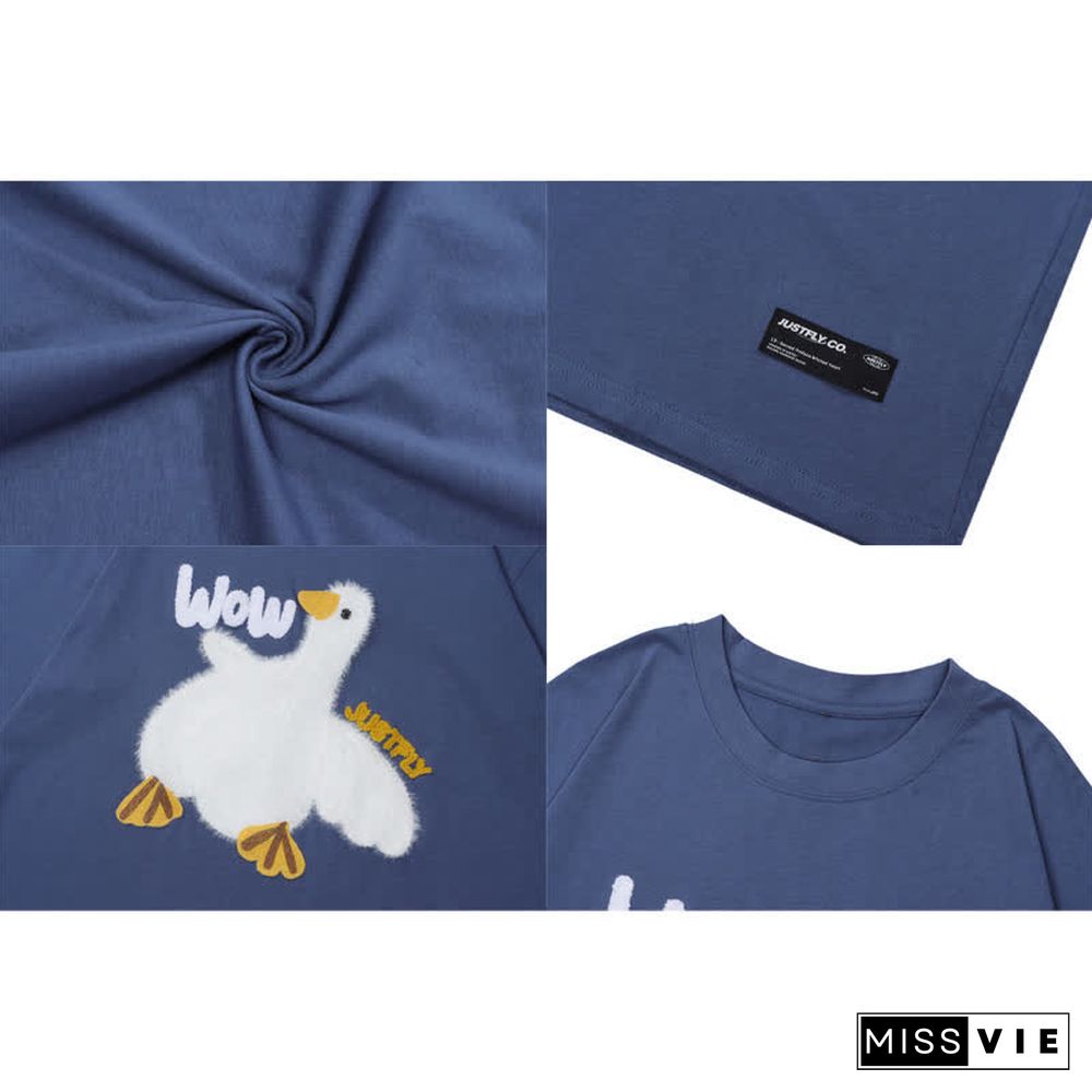 Cartoon Duck Embroidery Round Collar Casual T-Shirt