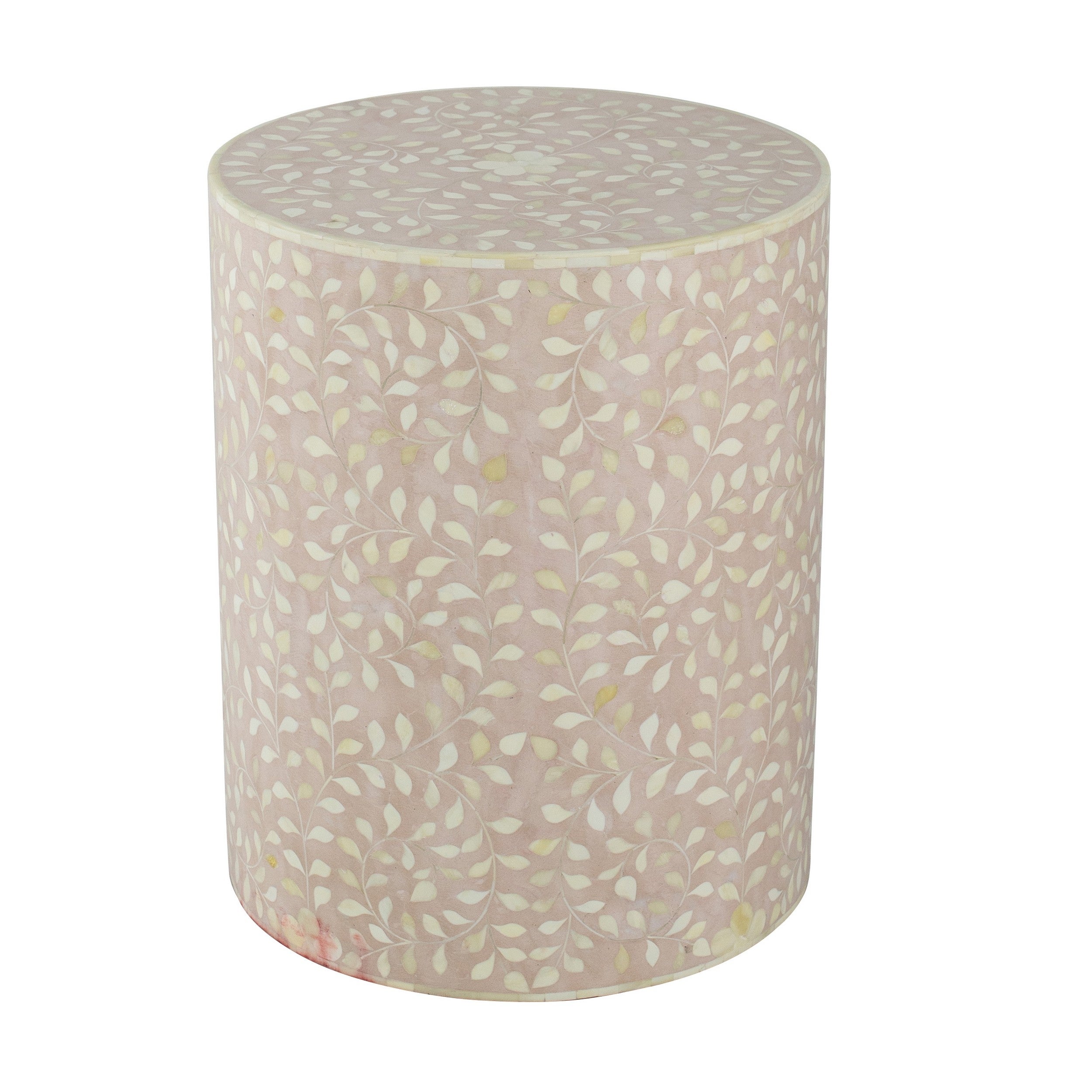 20 Inch Round Side End Table， Filigree Bone Inlay， Wood， Pale Pink， White