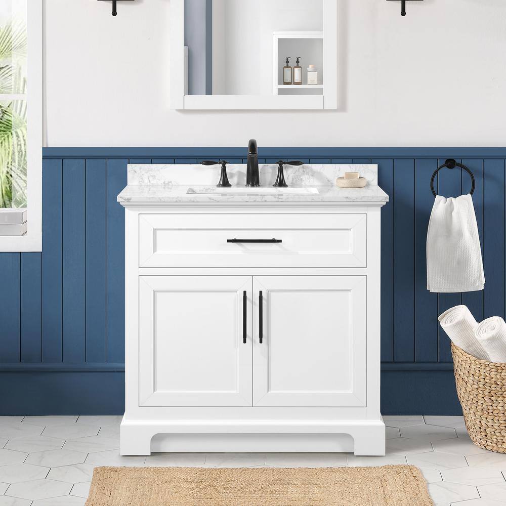 Home Decorators Collection Doveton 36 in. W x 19 in. D x 34.50 in. H Freestanding Vanity in White with White Engineered Stone Top Doveton 36W