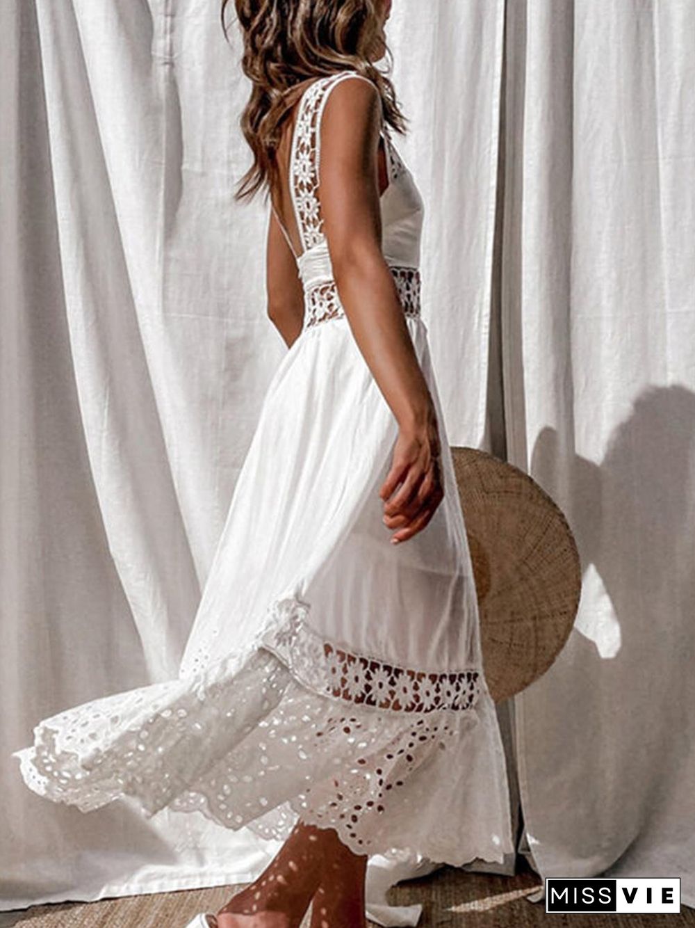 Solid Sleeveless Lace Hollow-out White Dress P15285