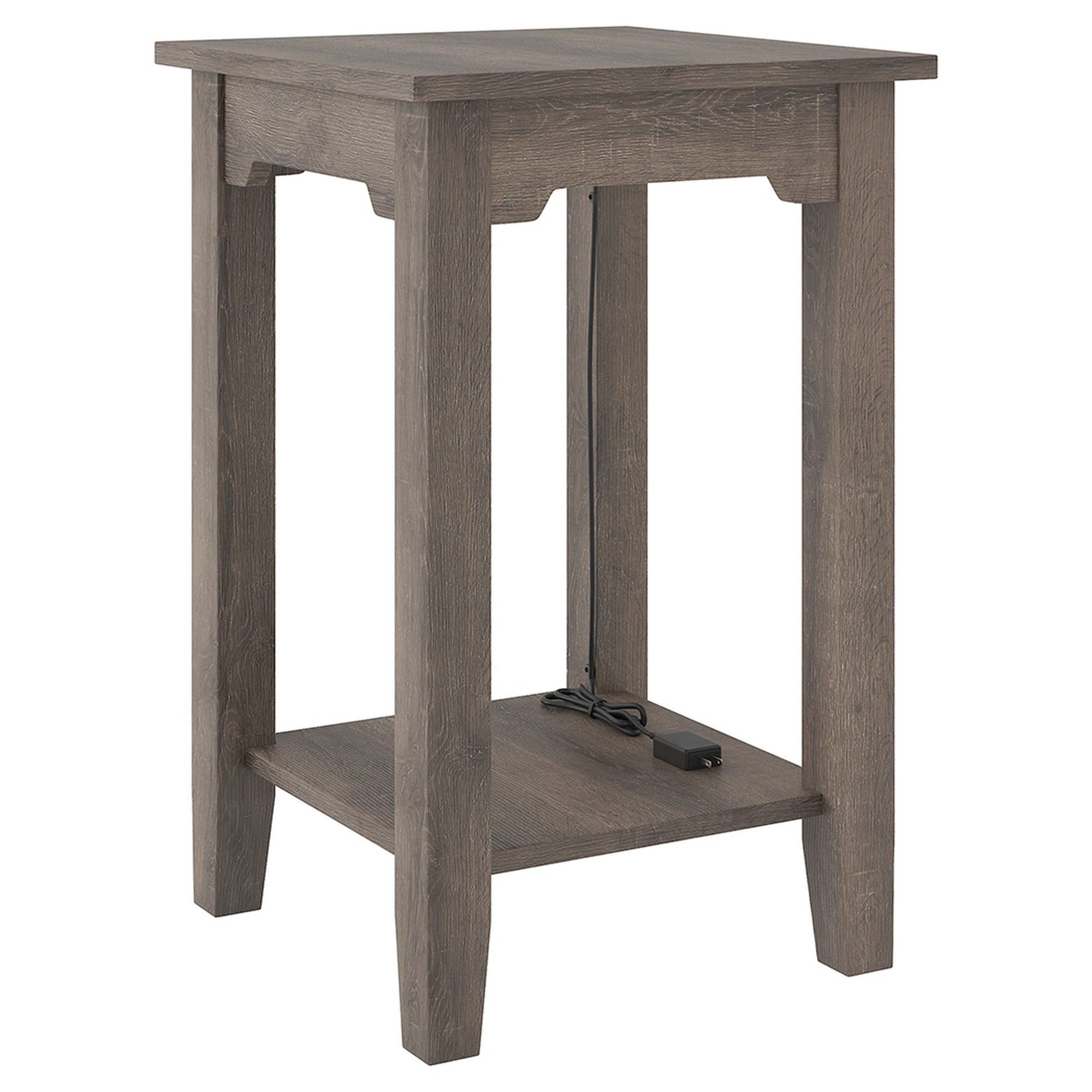 Wooden Side End Table with 2 USB Ports and Power Cord， Weathered Brown - 24 H x 16 W x 16 L