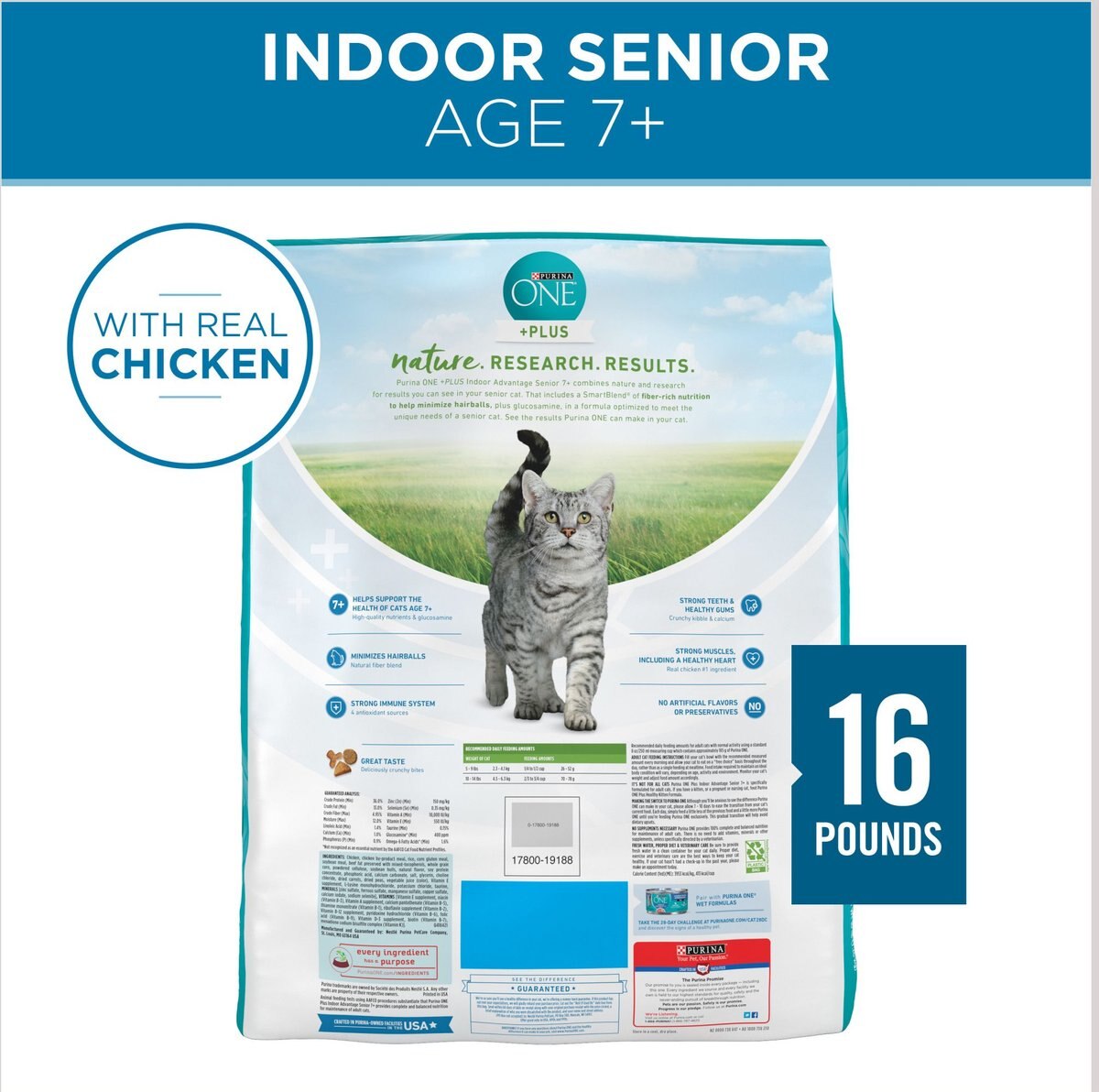 Purina ONE Indoor Advantage Senior 7+ High Protein Natural Dry Cat Food， 16-lb bag