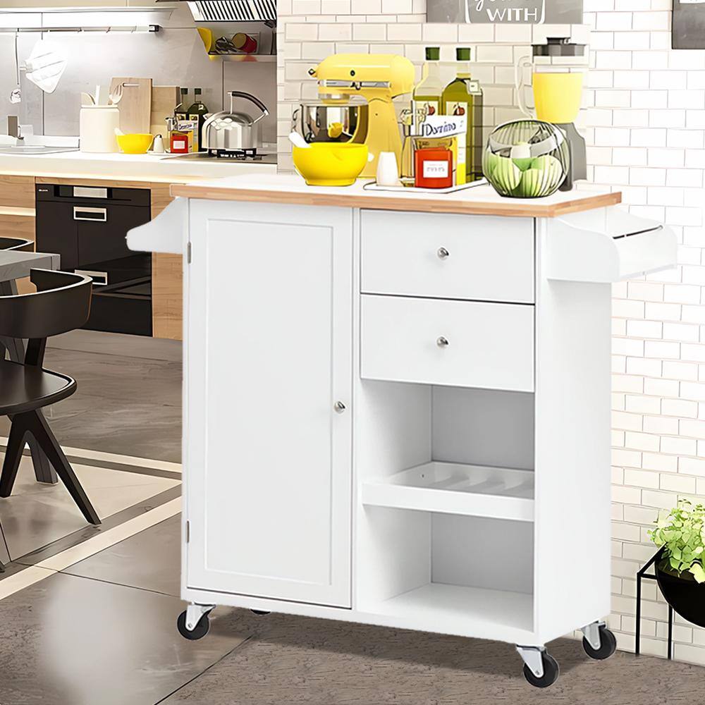 White Rubber Wood Top 41.3 in. W Kitchen Island on 4-Wheels with 2-Drawers and Large Storage Cabinet VJ033KIsland17