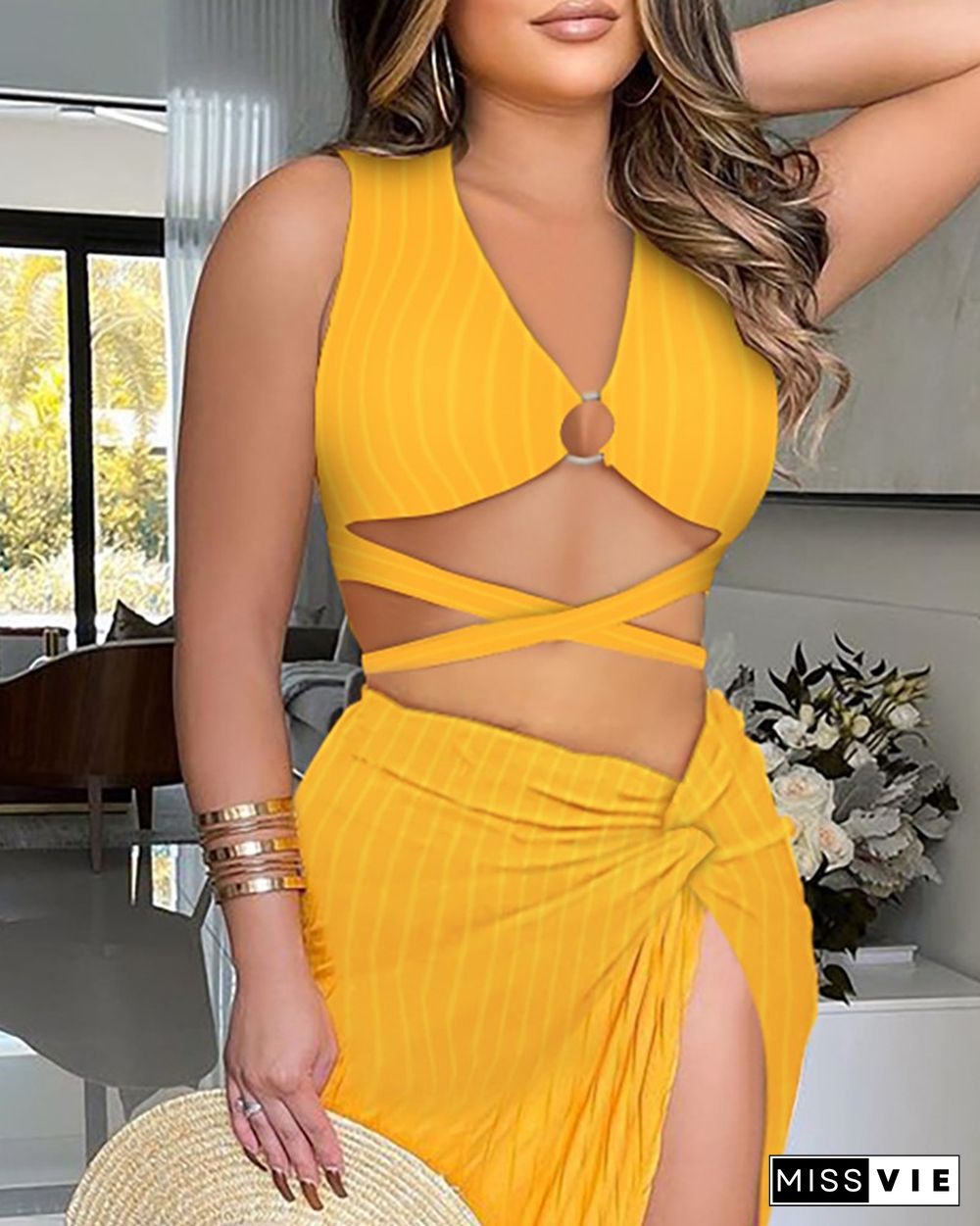 O-Ring Bandage Crop Top & High Slit Twisted Maxi Skirt Set