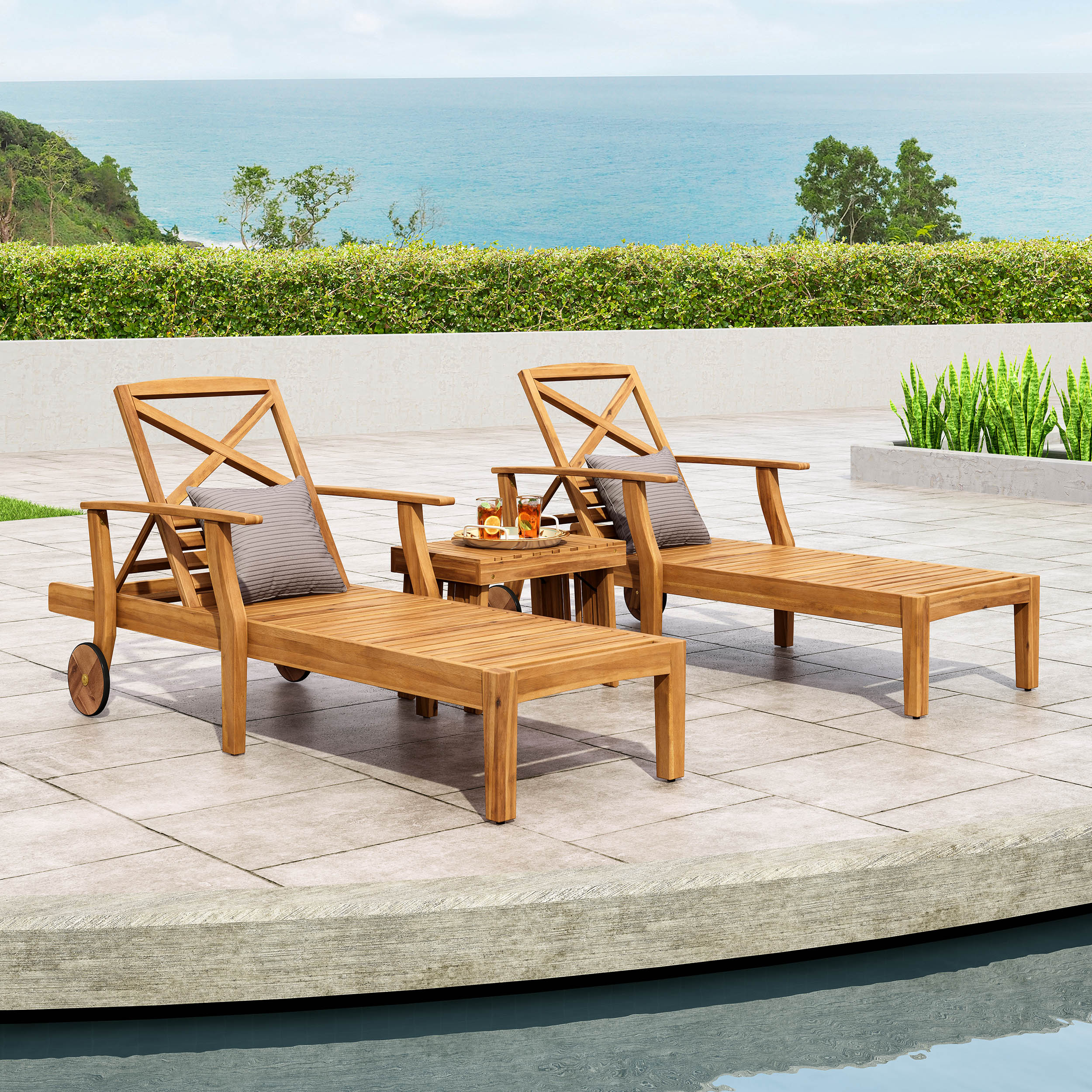 Capri Outdoor Acacia Wood 3 Piece Chaise Lounge Set