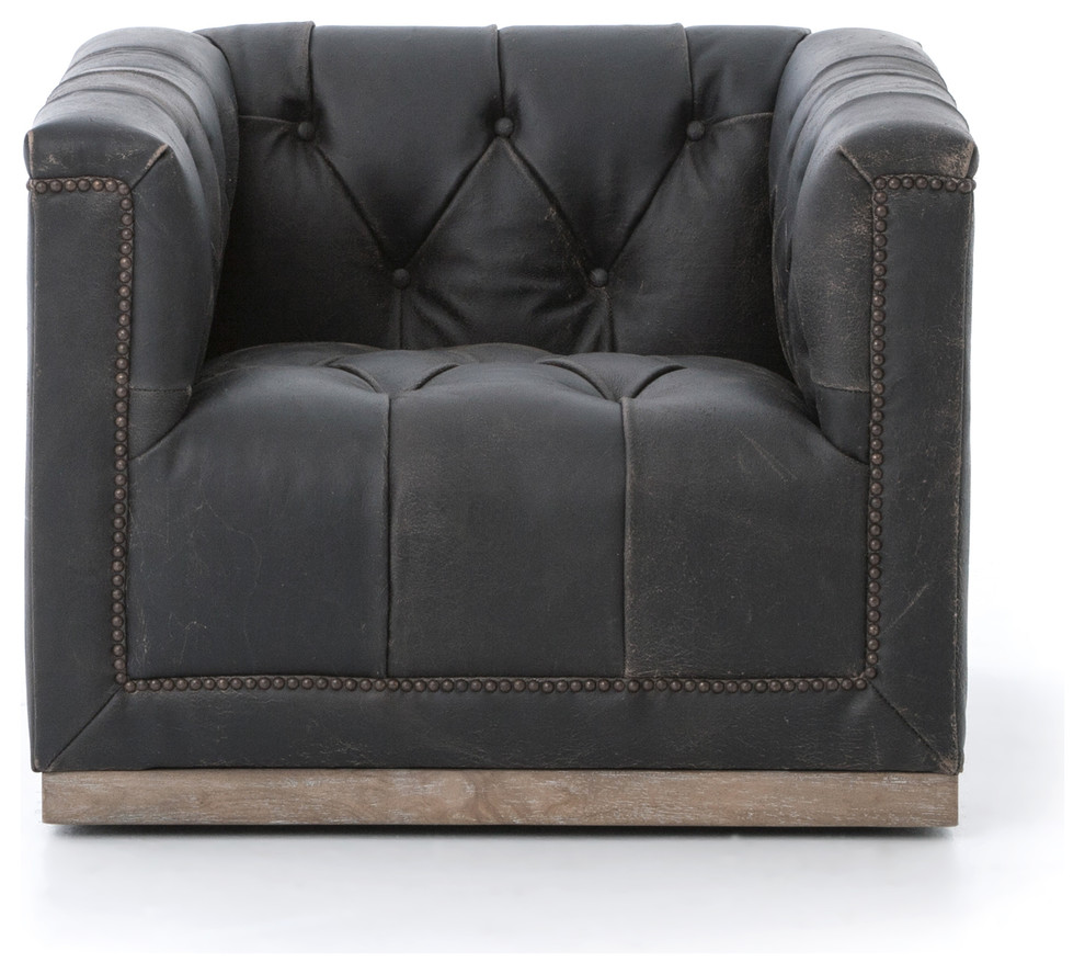 Maxx Distressed Black Leather Swivel Club Chair   Farmhouse   Armchairs And Accent Chairs   by Zin Home  Houzz