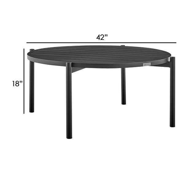 42 Inch Round Patio Coffee Table， Aluminum Frame， Slatted Surface， Black