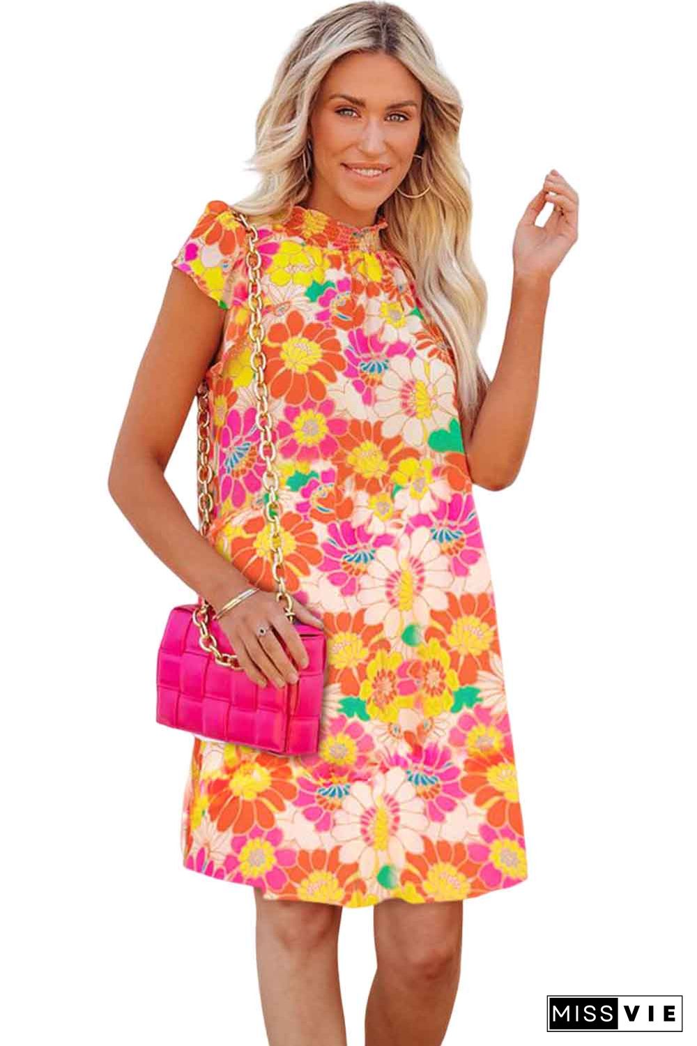 Orange Shirred Neck Summer Floral Dress